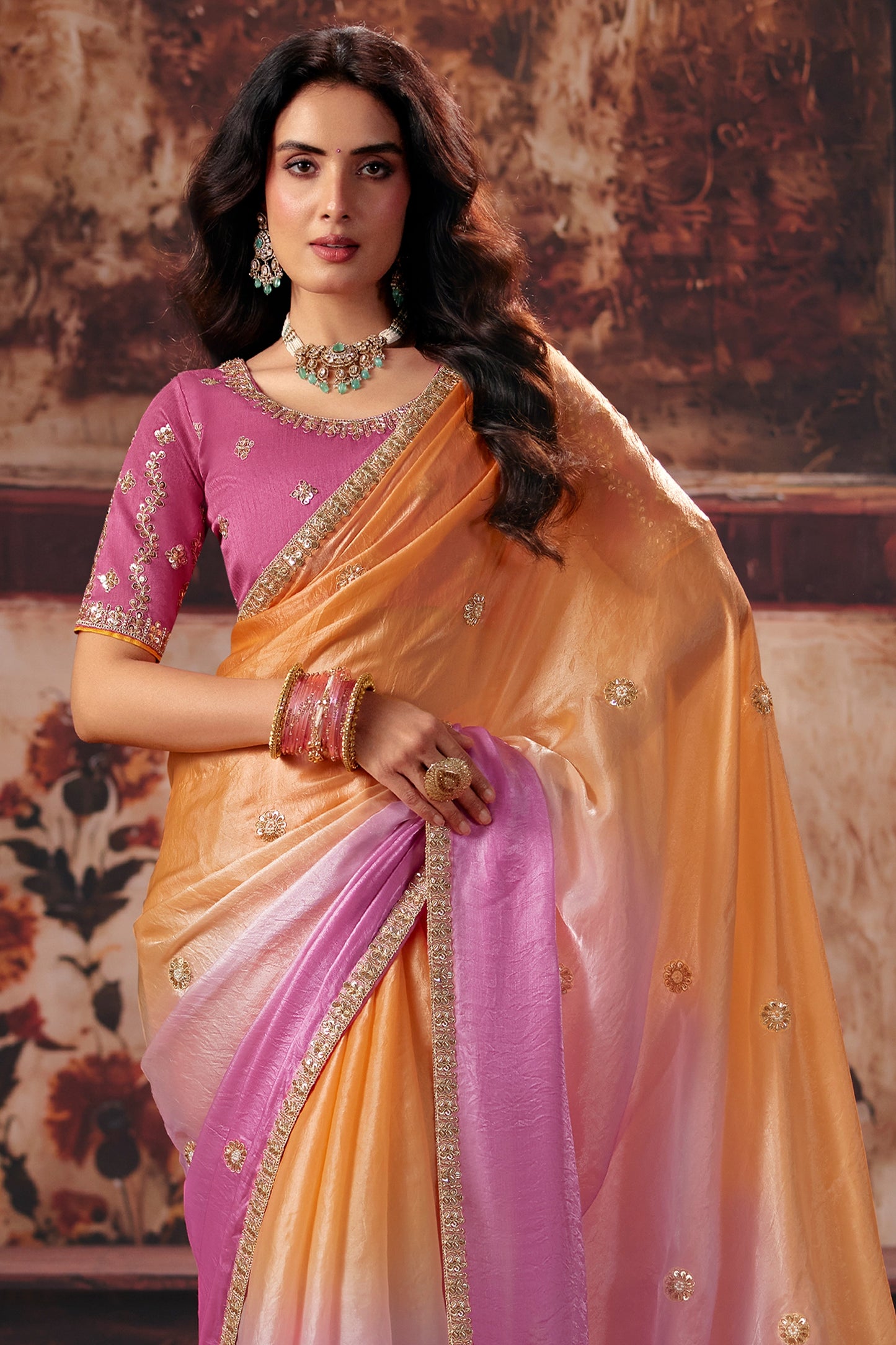Pink And Orange Embroidered Organza Saree-SAR13206_3_SareeButa.com