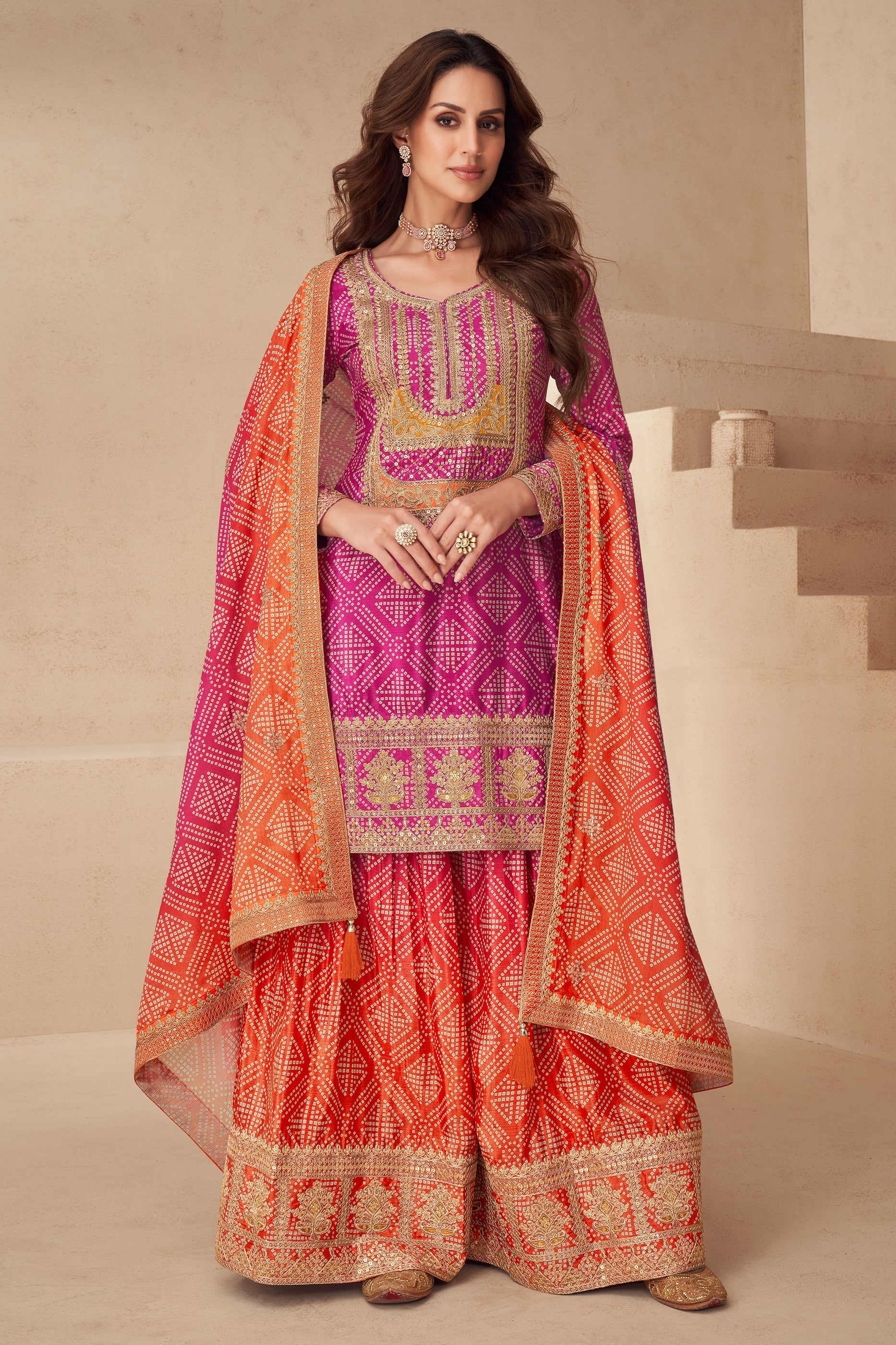 Pink And Orange Readymade Embroidered Chinon Suit-SAR10788_1_SareeButa.com