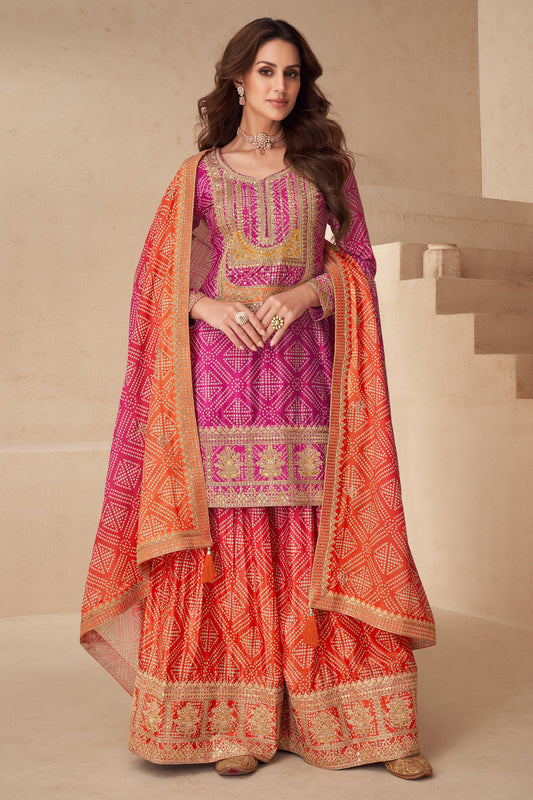 Pink And Orange Readymade Embroidered Chinon Suit-SAR10788_1_SareeButa.com