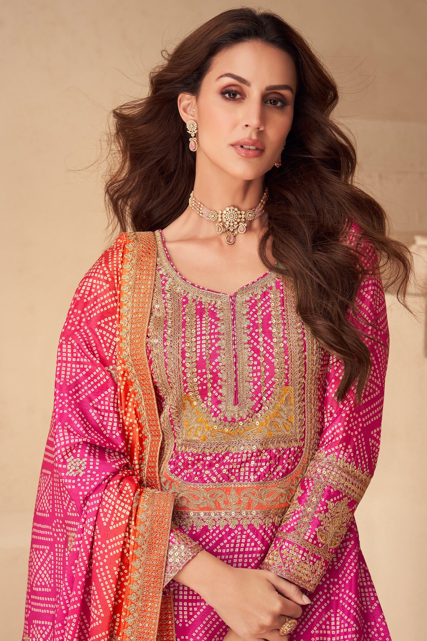 Pink And Orange Readymade Embroidered Chinon Suit-SAR10788_3_SareeButa.com
