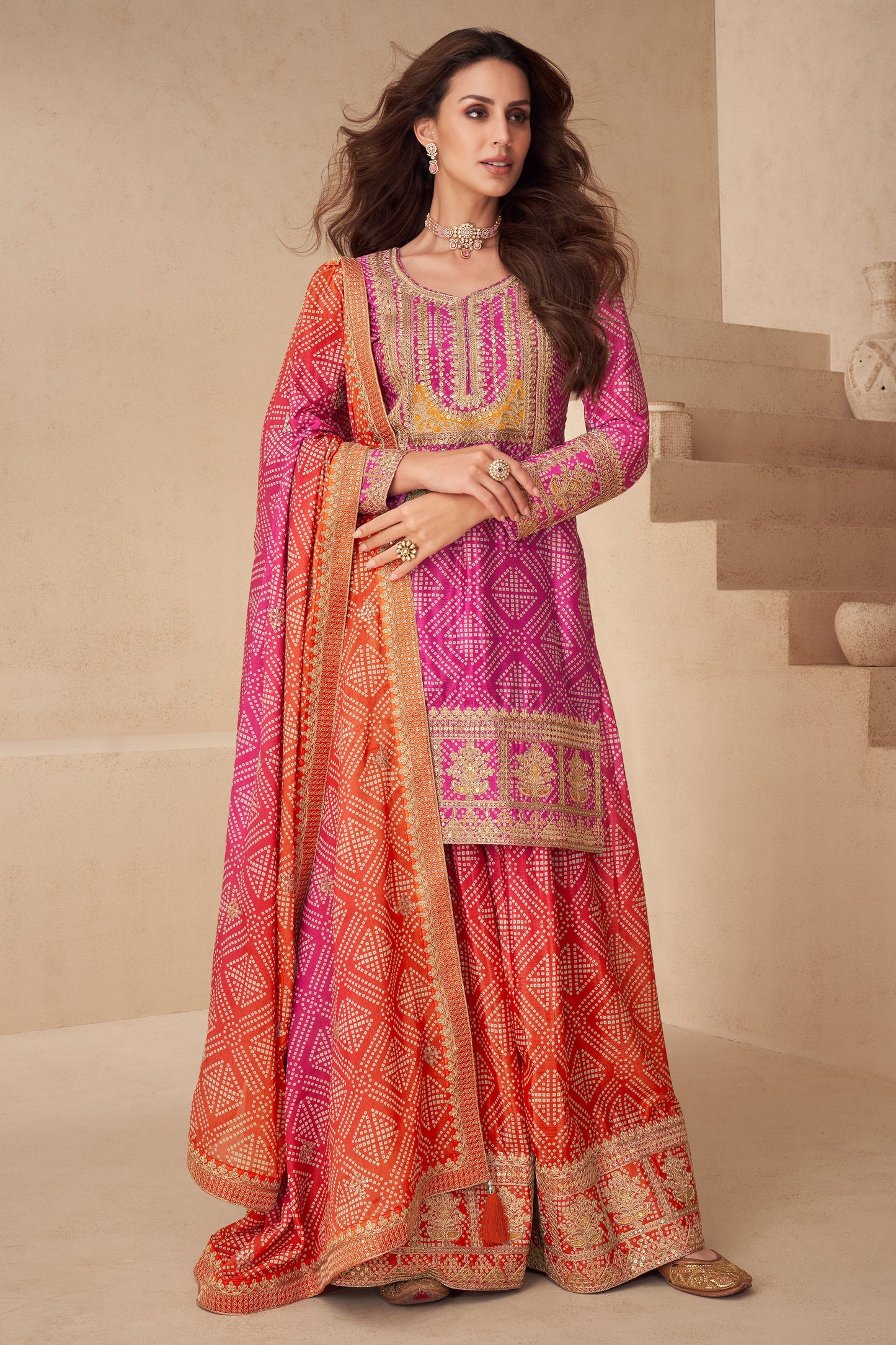 Pink And Orange Readymade Embroidered Chinon Suit-SAR10788_4_SareeButa.com
