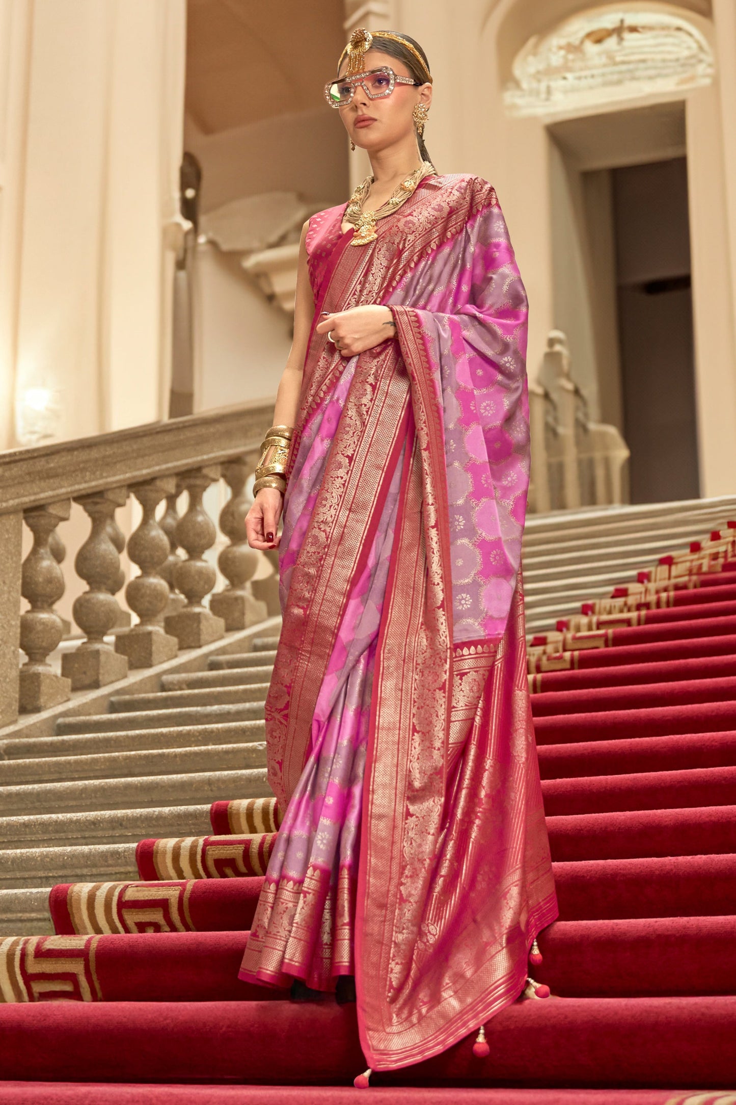 Pink And Purple Printed Satin Silk Saree-SAR10183_1_SareeButa.com