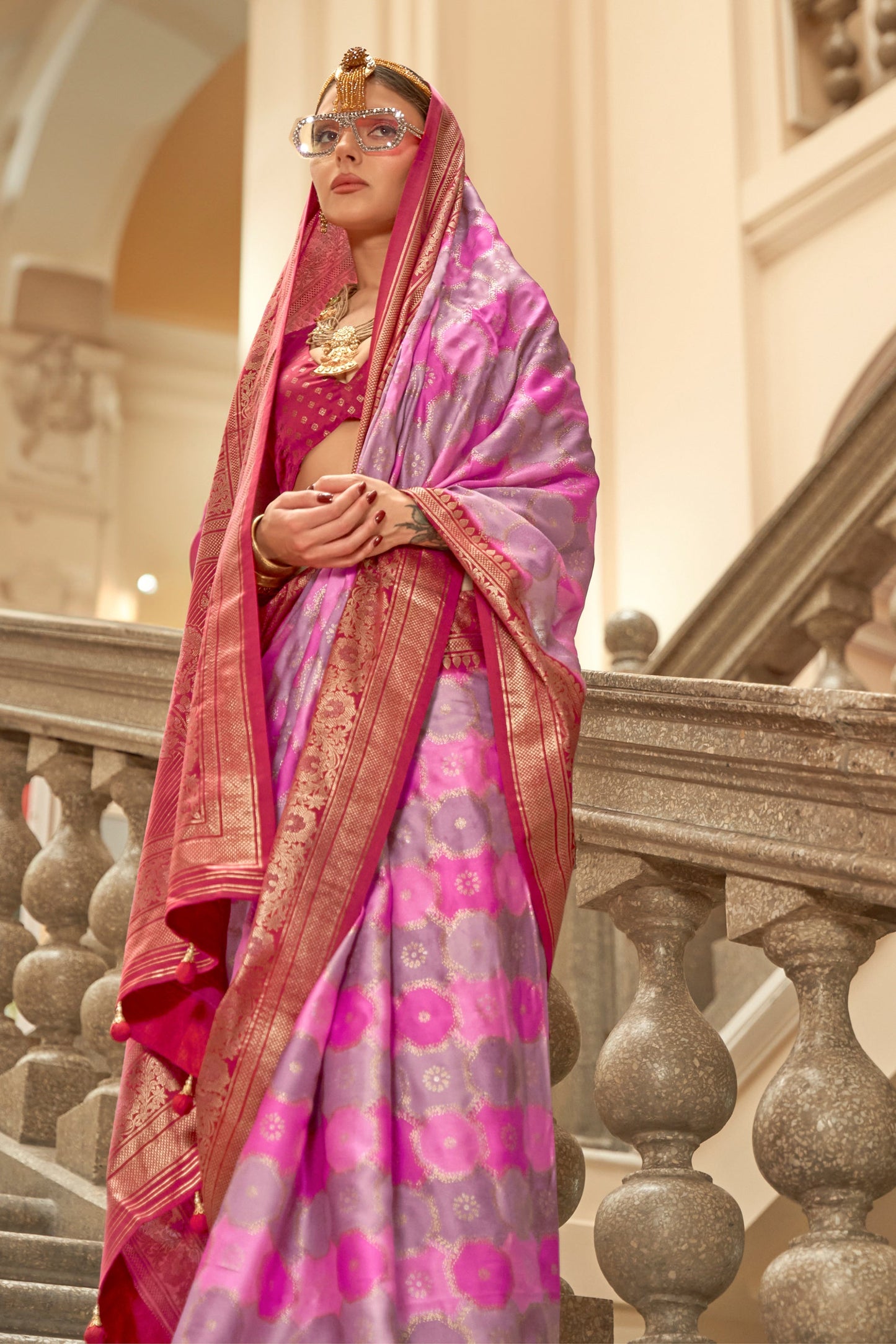 Pink And Purple Printed Satin Silk Saree-SAR10183_2_SareeButa.com