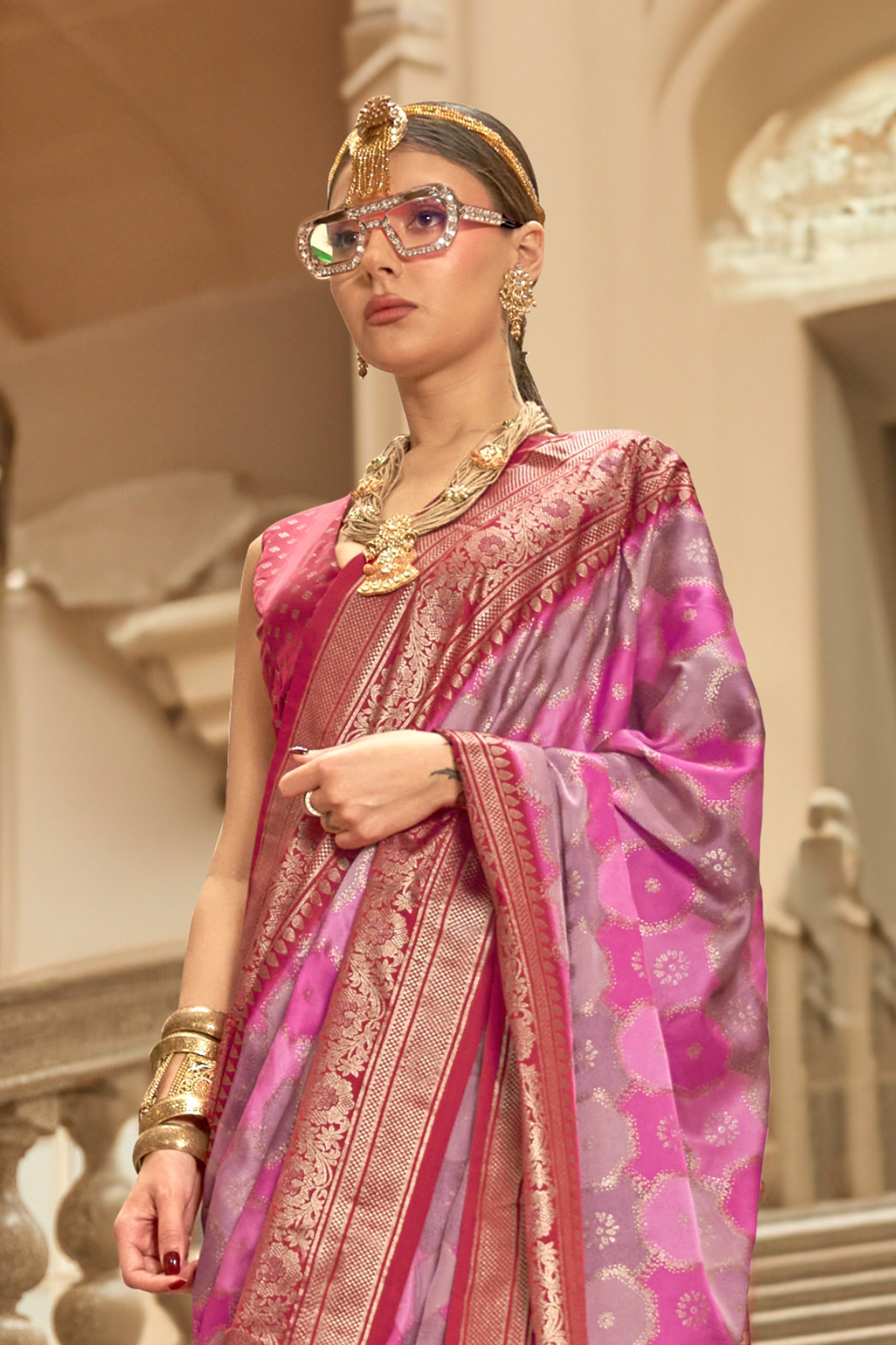 Pink And Purple Printed Satin Silk Saree-SAR10183_3_SareeButa.com