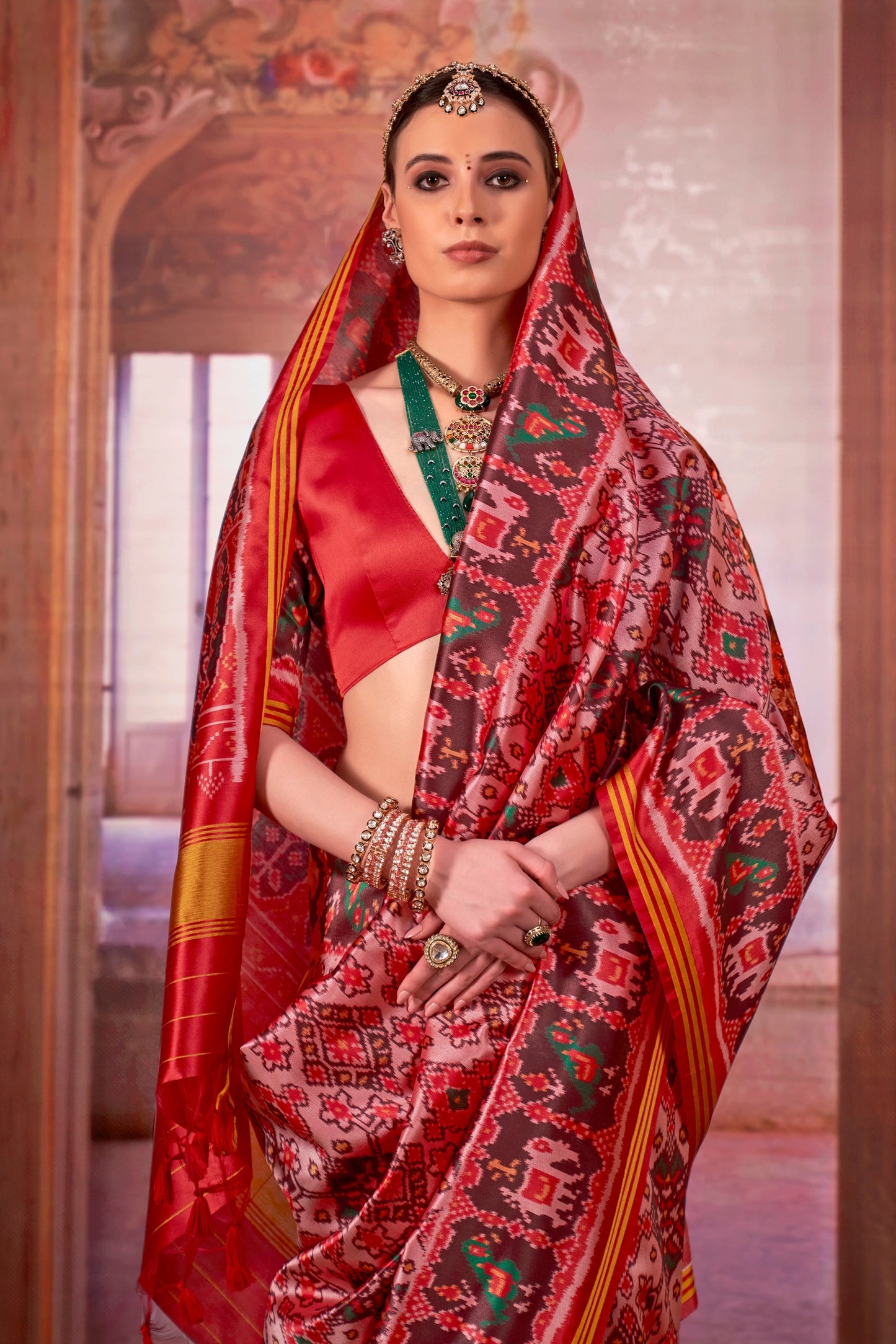 Pink And Red Printed Patola Silk Saree-SAR11354_2_SareeButa.com
