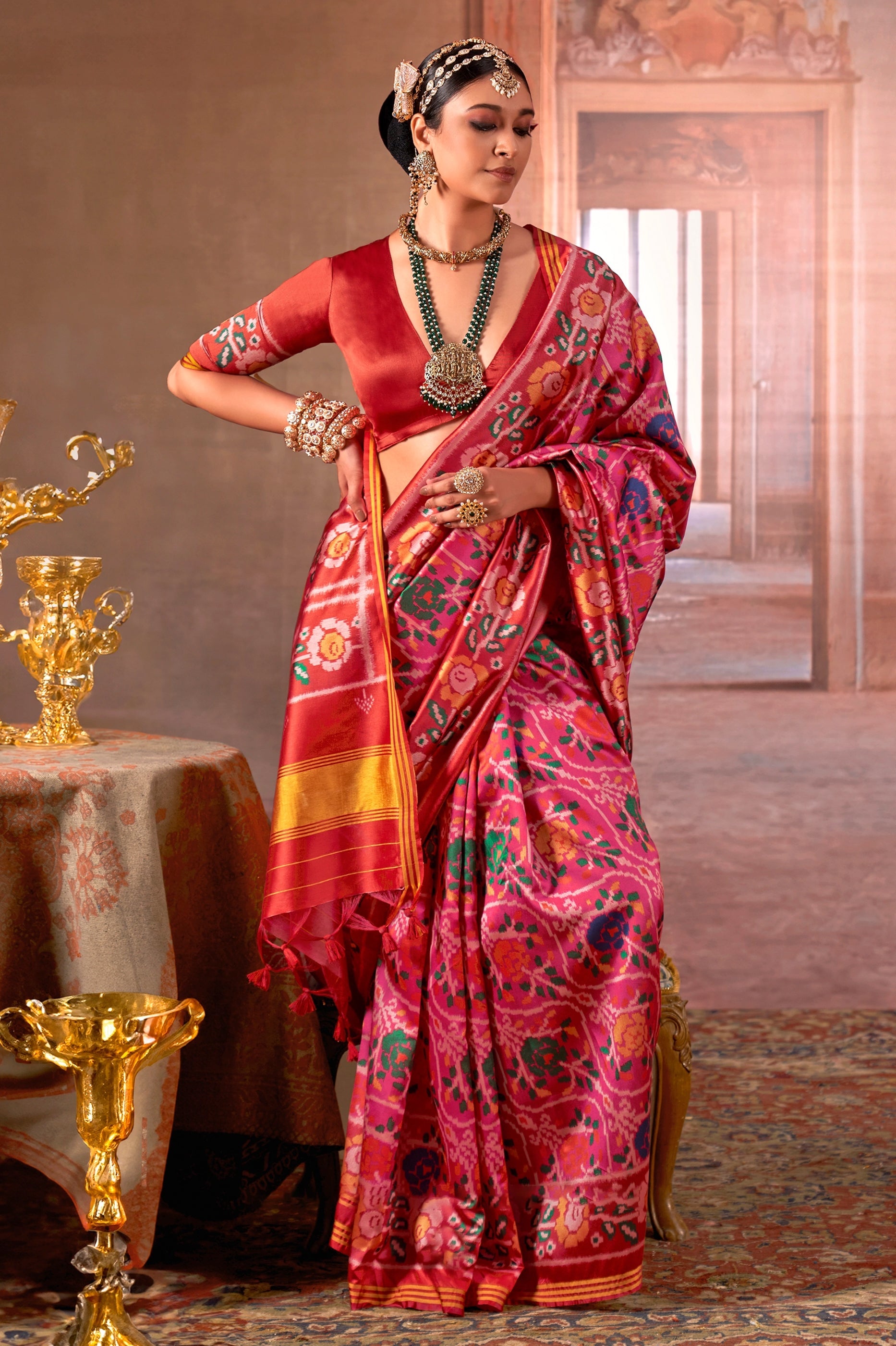 Pink And Red Printed Patola Silk Saree-SAR11369_2_SareeButa.com