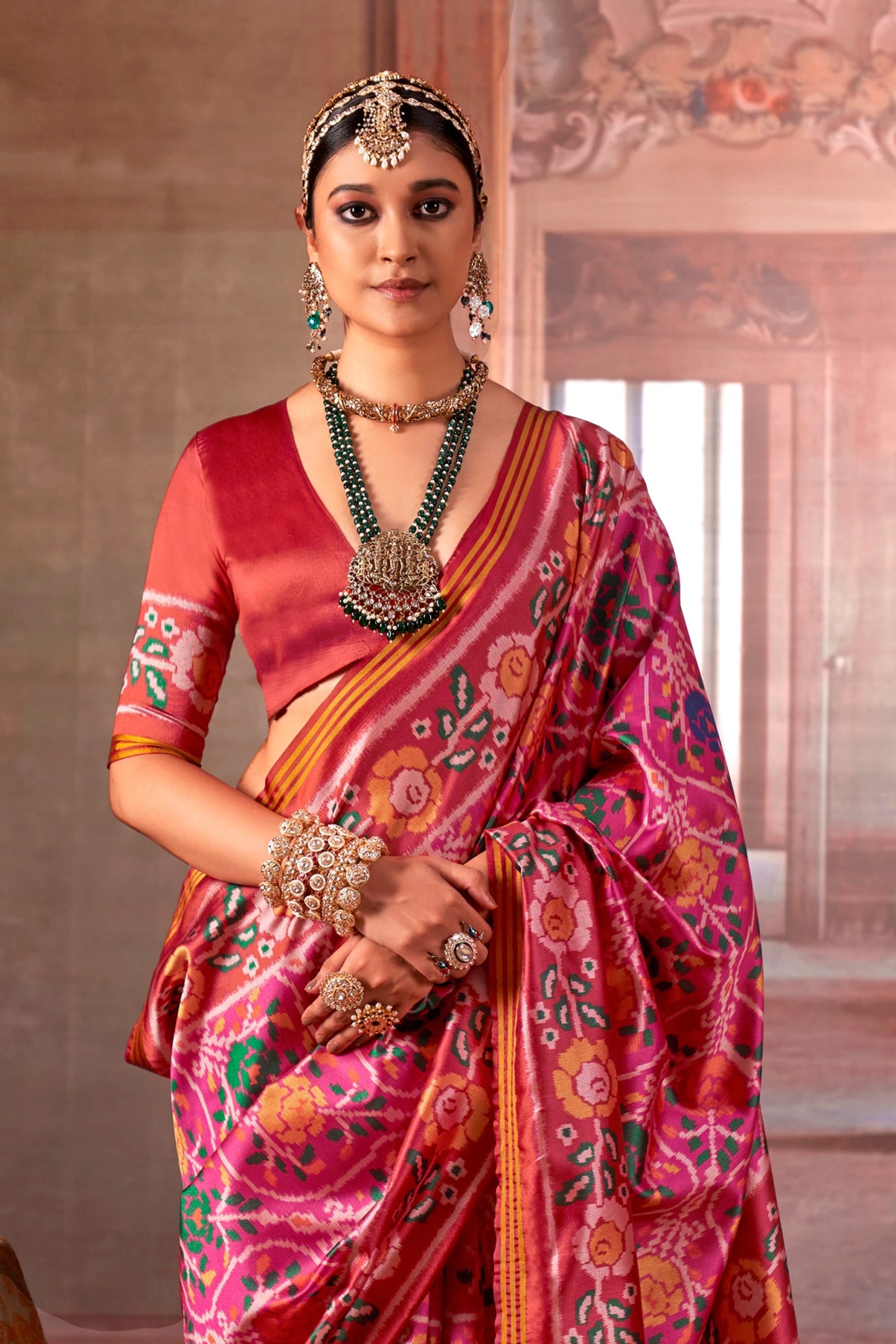 Pink And Red Printed Patola Silk Saree-SAR11369_3_SareeButa.com