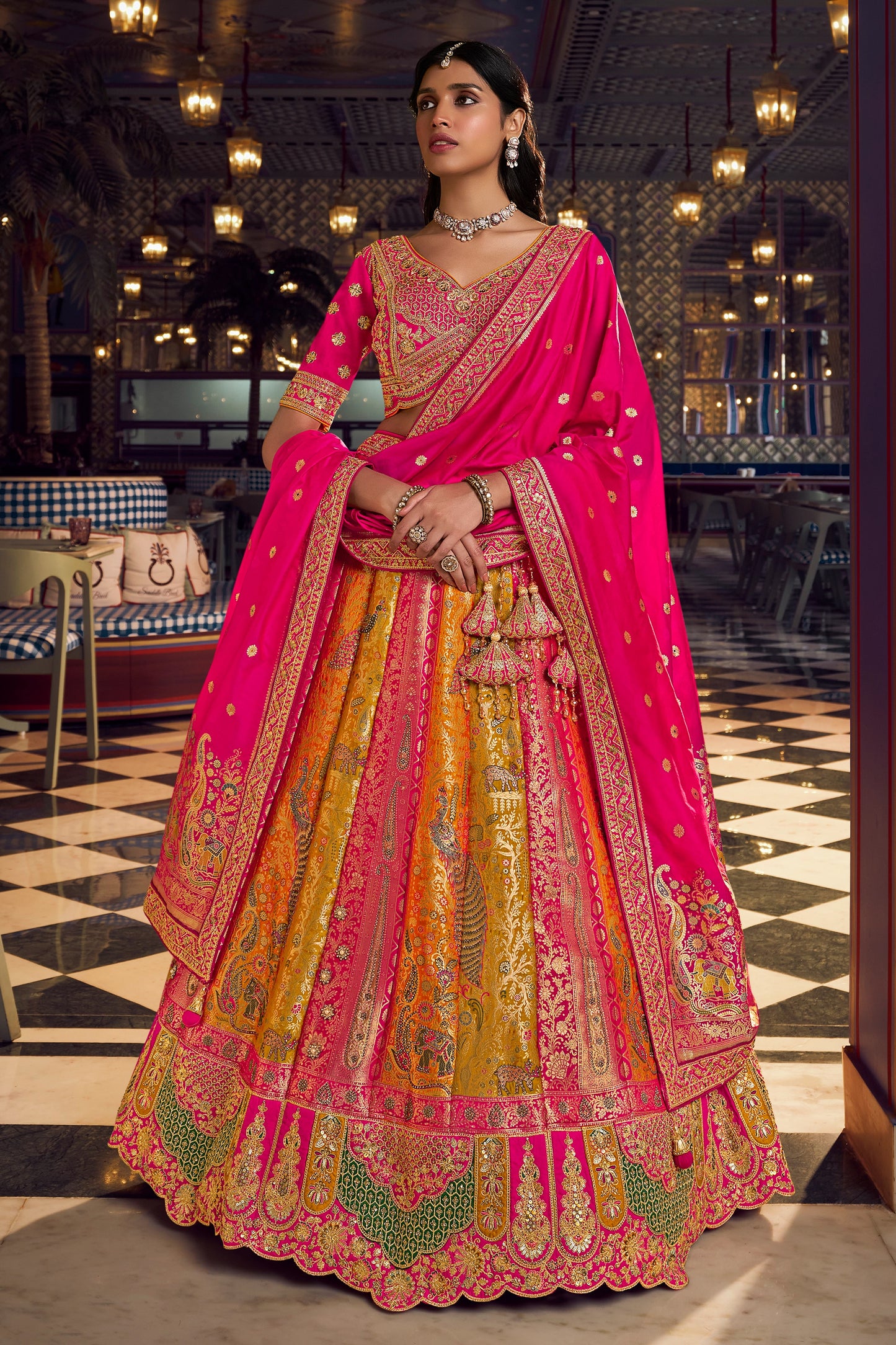 Pink And Yellow Heavy Work Banarasi Silk Lehenga-SAR13165_1_SareeButa.com