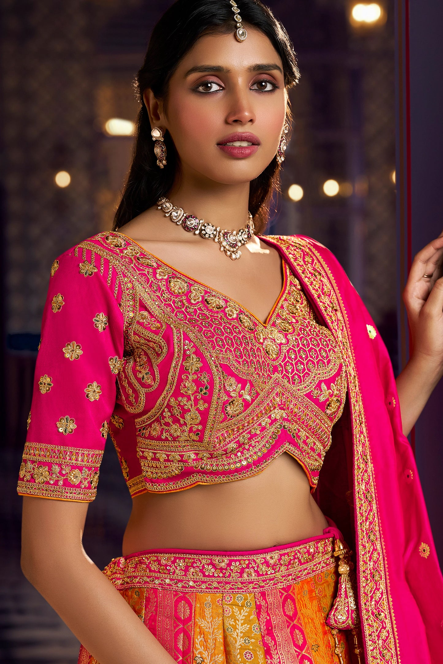 Pink And Yellow Heavy Work Banarasi Silk Lehenga-SAR13165_3_SareeButa.com
