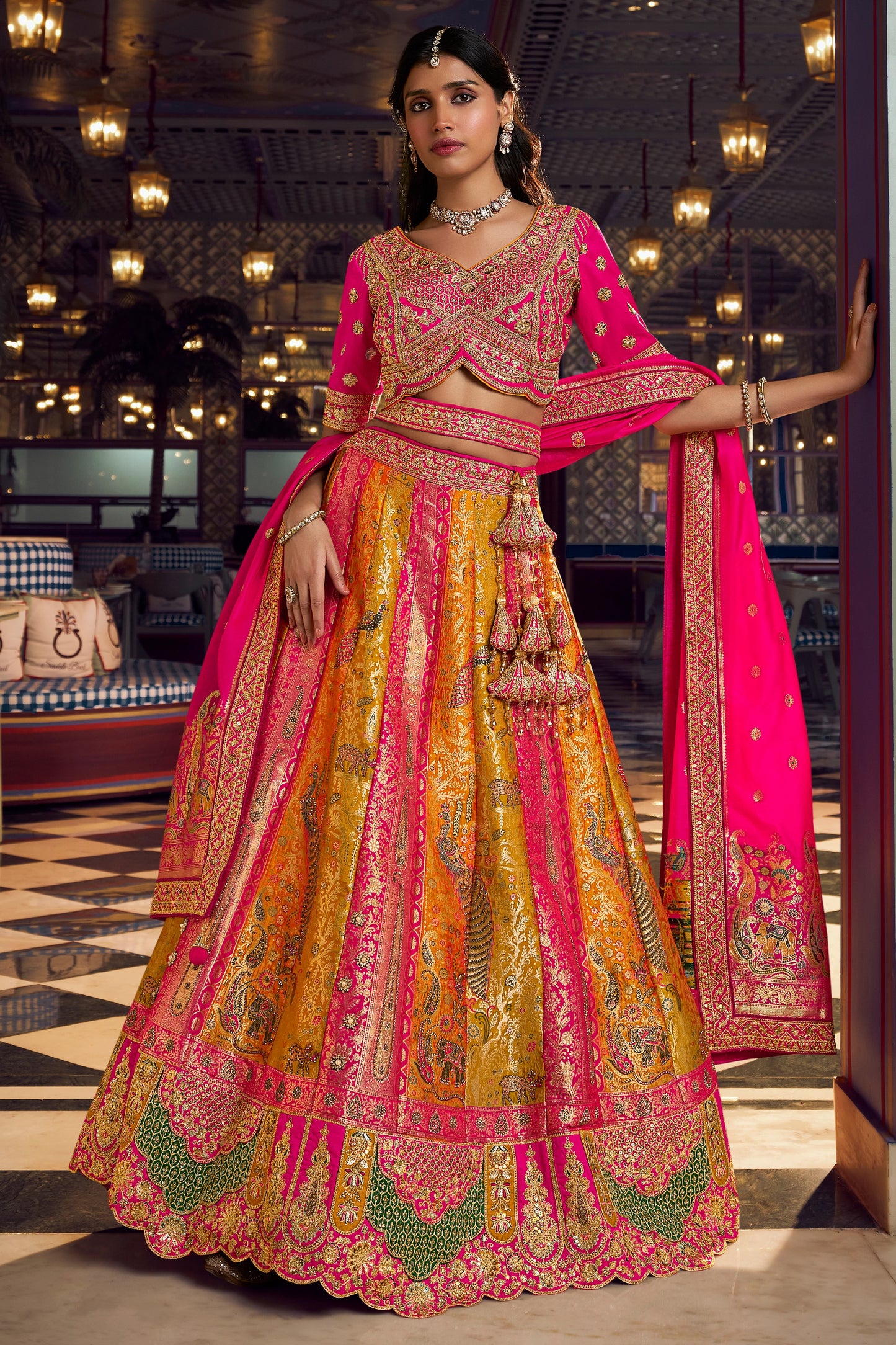 Pink And Yellow Heavy Work Banarasi Silk Lehenga-SAR13165_4_SareeButa.com