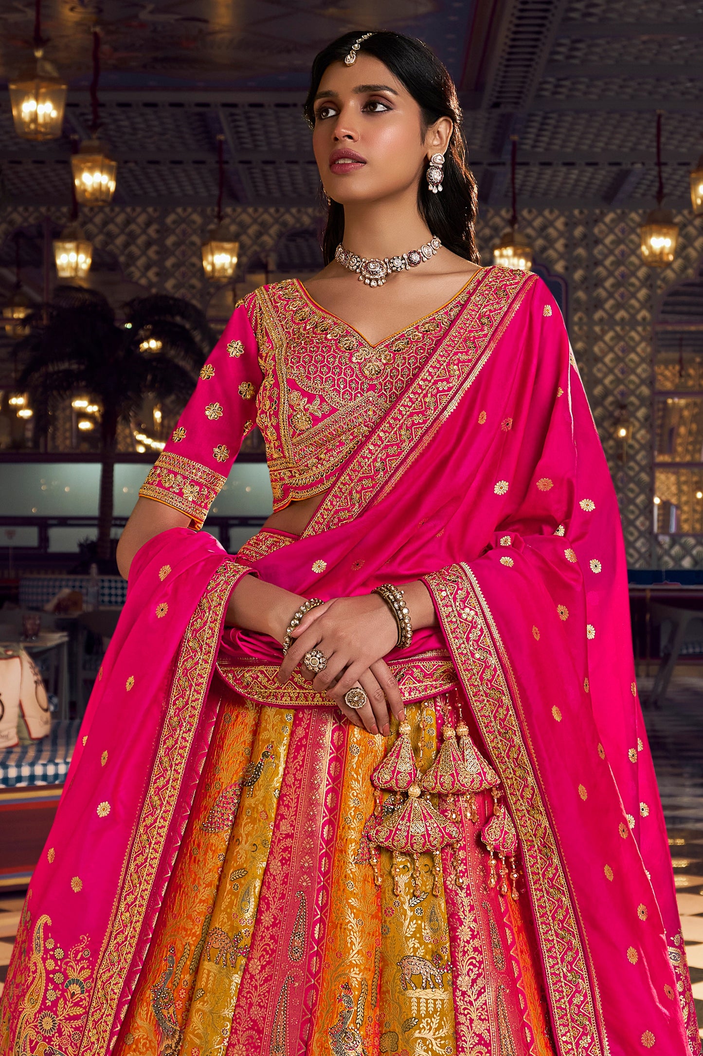 Pink And Yellow Heavy Work Banarasi Silk Lehenga-SAR13165_5_SareeButa.com