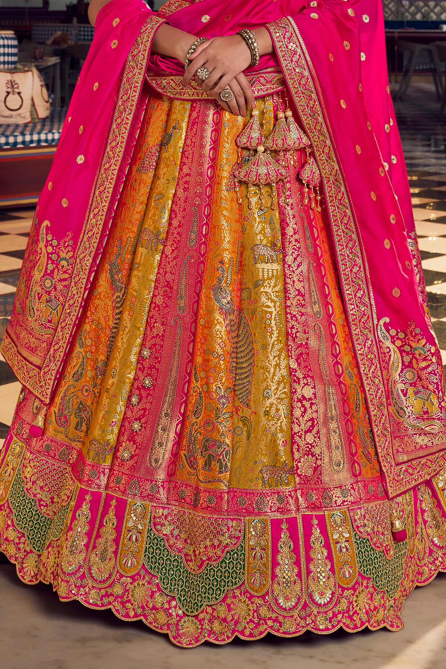 Pink And Yellow Heavy Work Banarasi Silk Lehenga-SAR13165_6_SareeButa.com