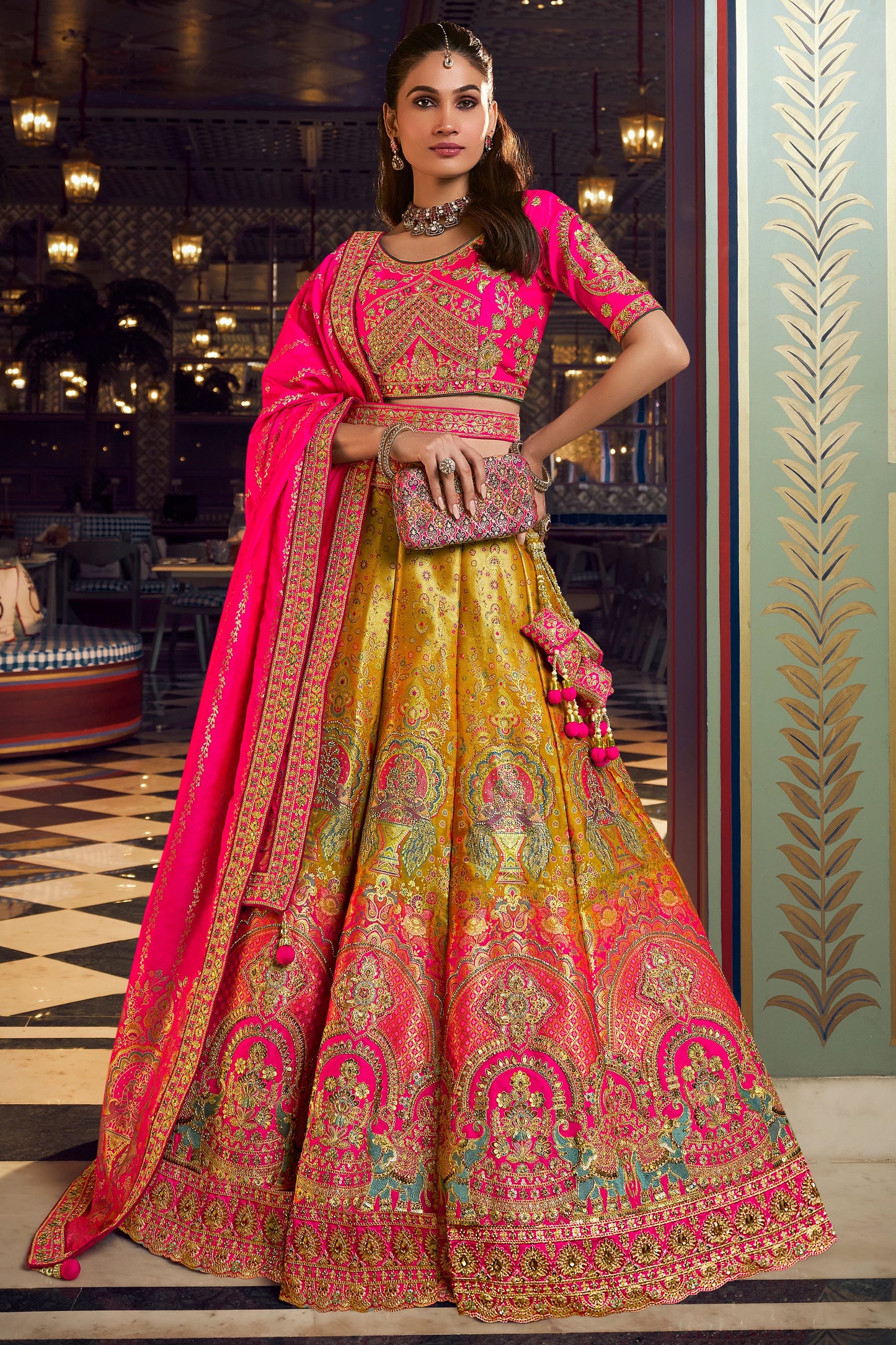 Pink And Yellow Heavy Work Banarasi Silk Lehenga-SAR13166_1_SareeButa.com