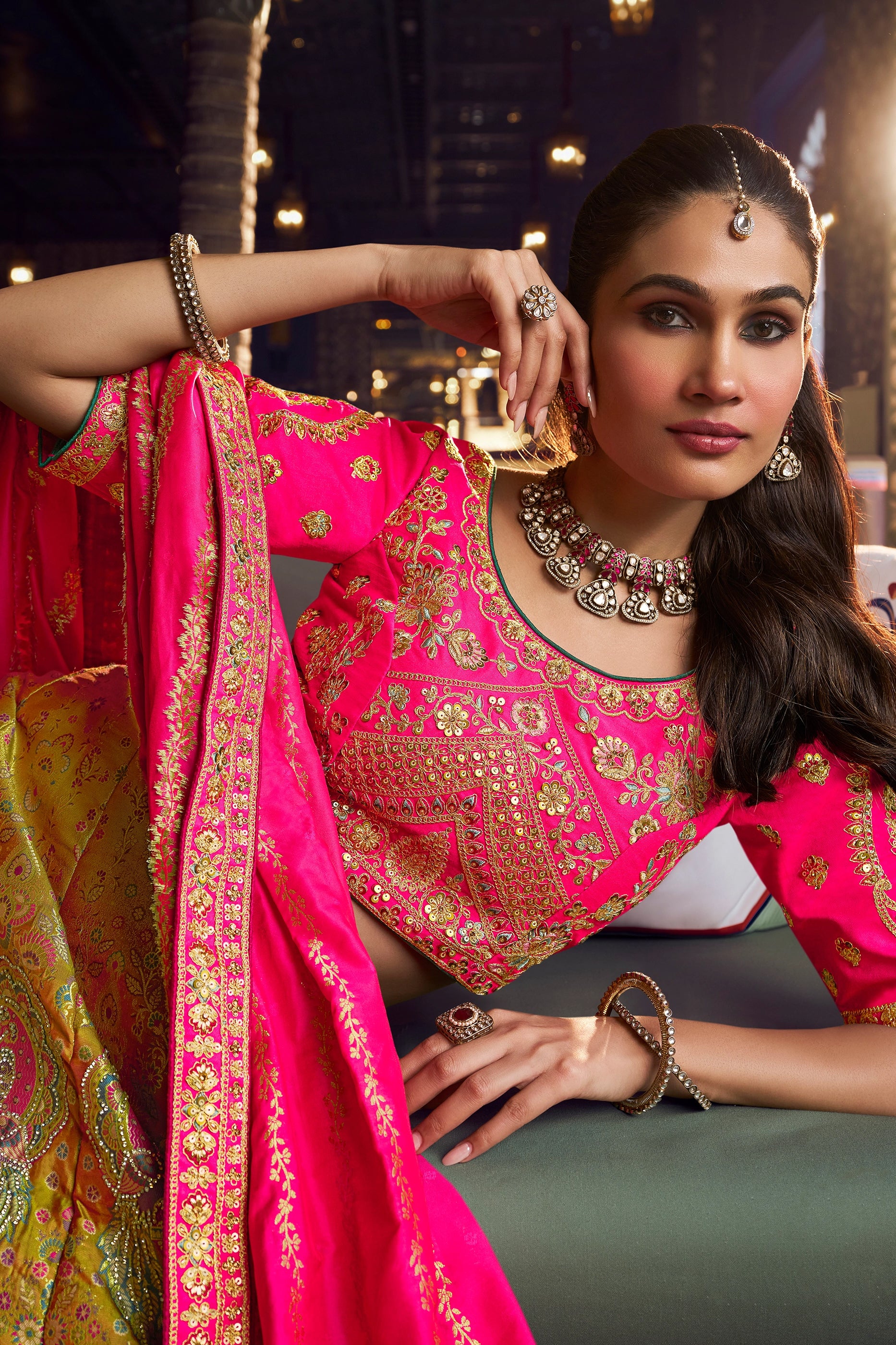 Pink And Yellow Heavy Work Banarasi Silk Lehenga-SAR13166_3_SareeButa.com