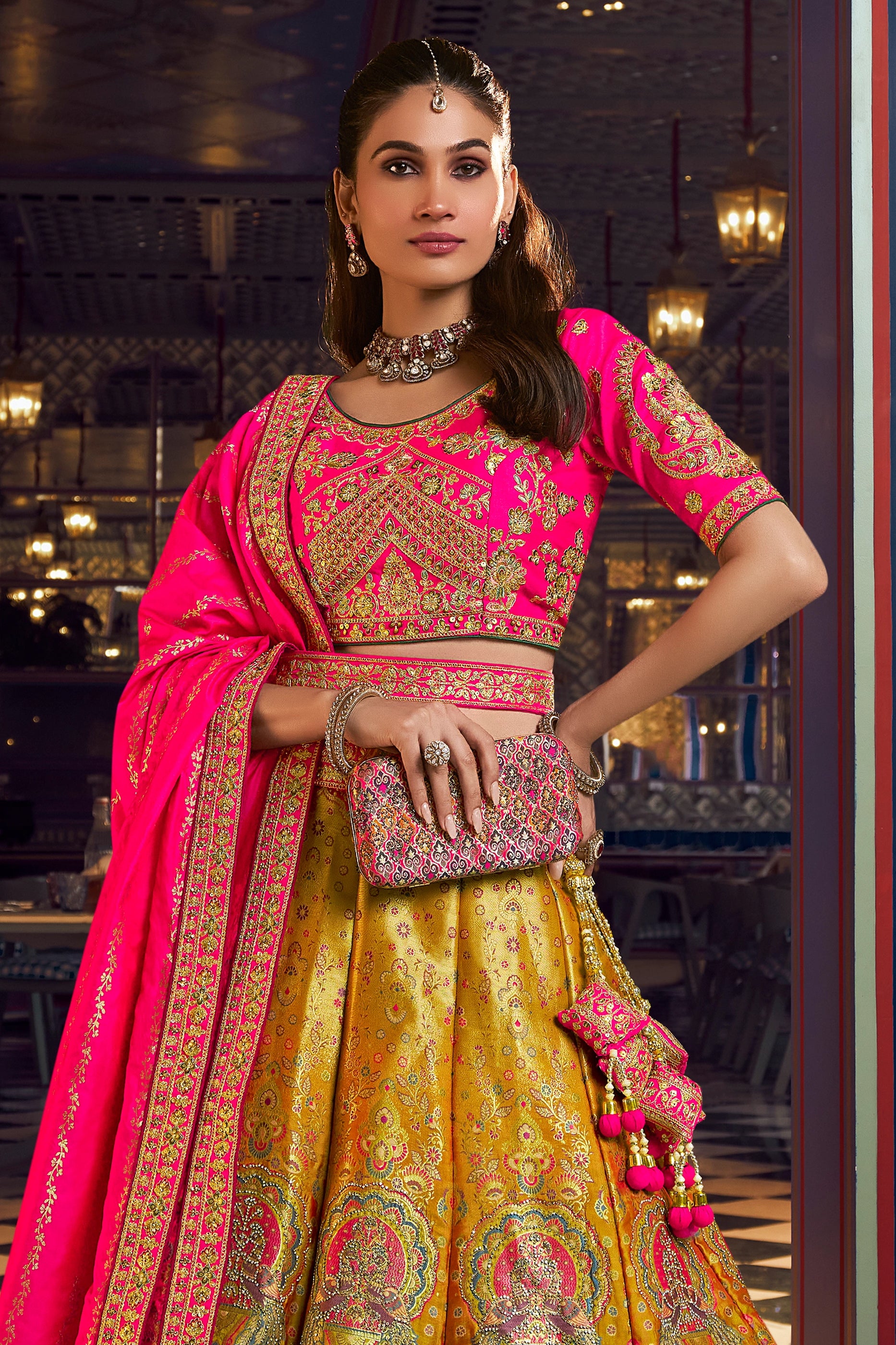 Pink And Yellow Heavy Work Banarasi Silk Lehenga-SAR13166_5_SareeButa.com