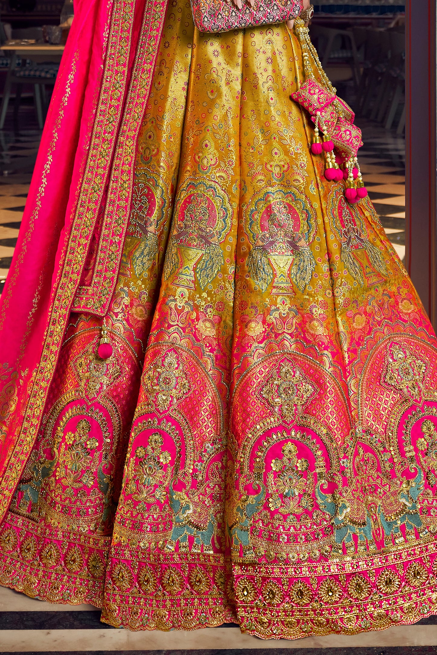 Pink And Yellow Heavy Work Banarasi Silk Lehenga-SAR13166_6_SareeButa.com