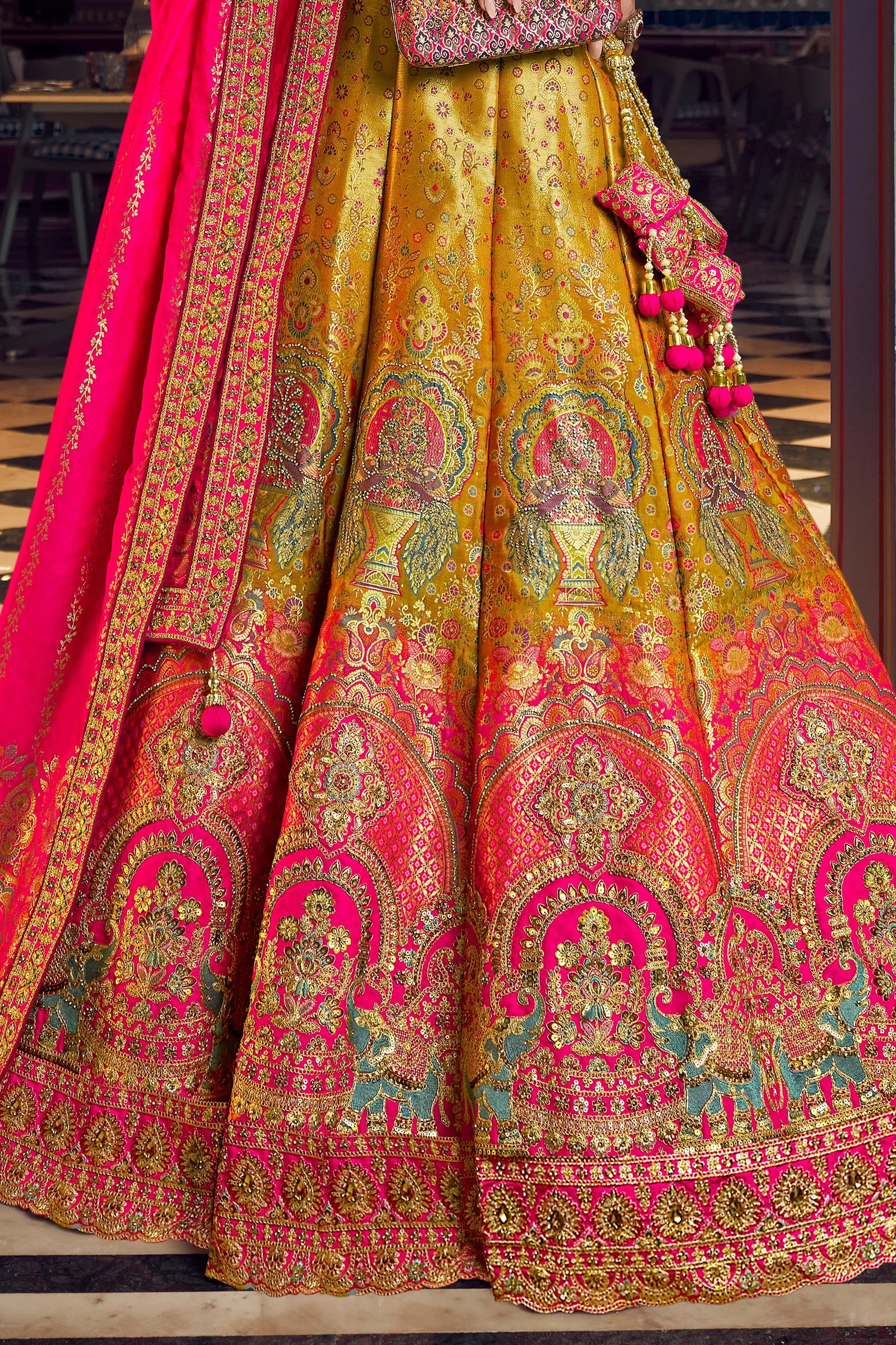 Pink And Yellow Heavy Work Banarasi Silk Lehenga-SAR13166_6_SareeButa.com