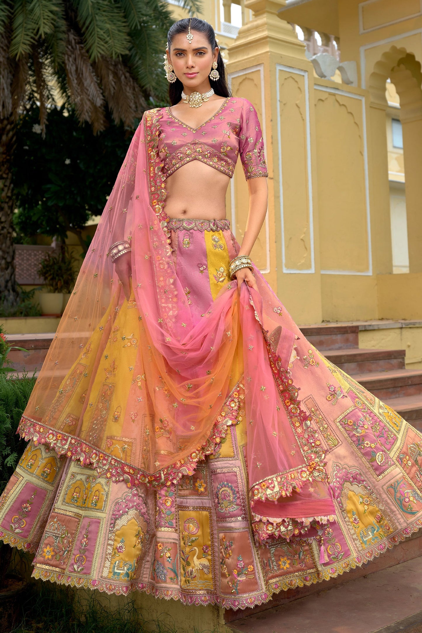 Pink And Yellow Unstitched Embroidered Silk Lehenga-SAR11034_1_SareeButa.com