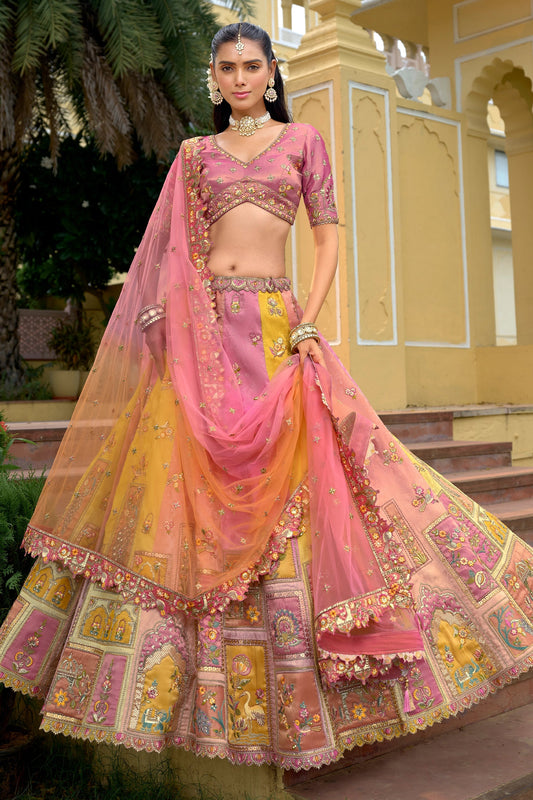 Pink And Yellow Unstitched Embroidered Silk Lehenga-SAR11034_1_SareeButa.com