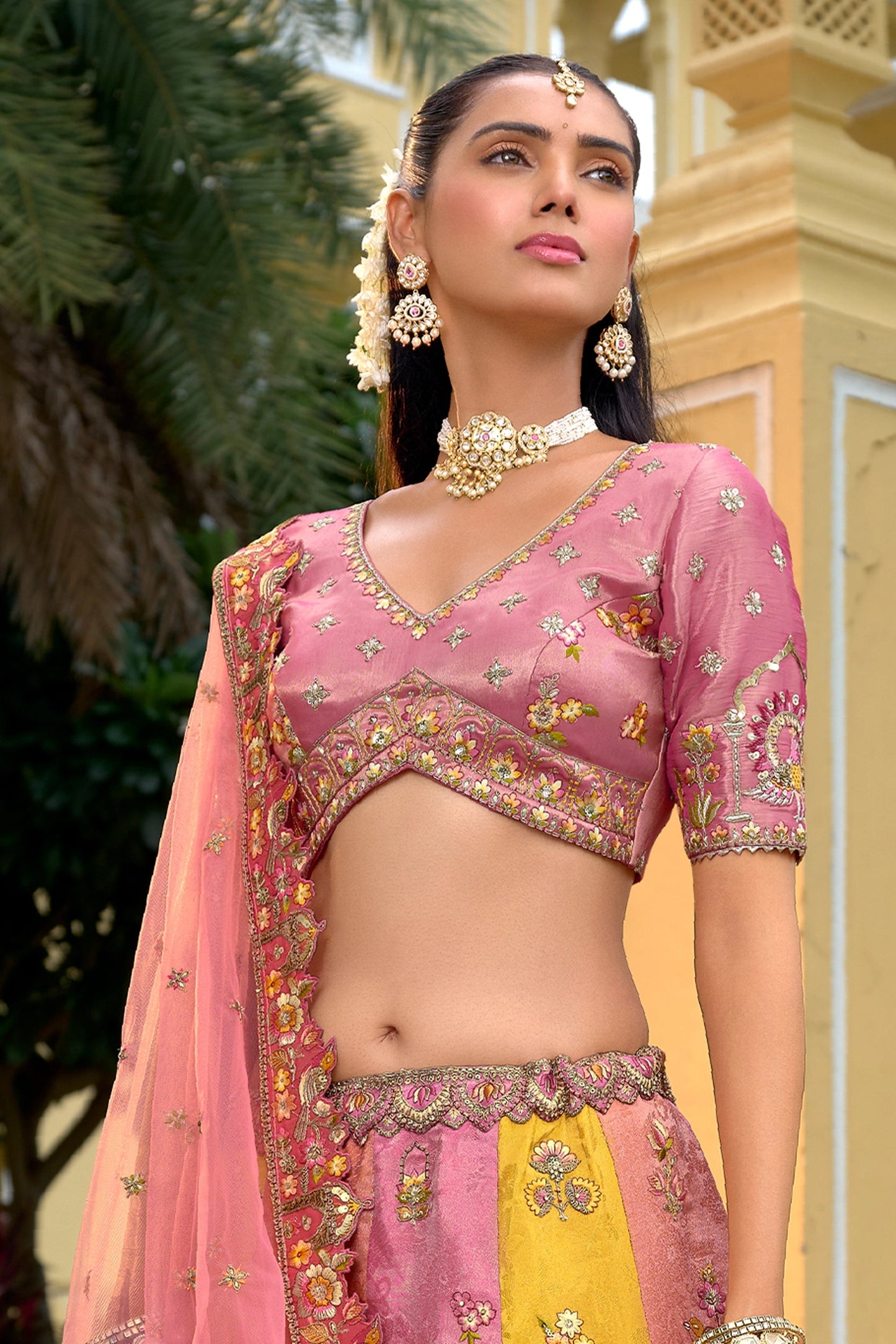 Pink And Yellow Unstitched Embroidered Silk Lehenga-SAR11034_2_SareeButa.com