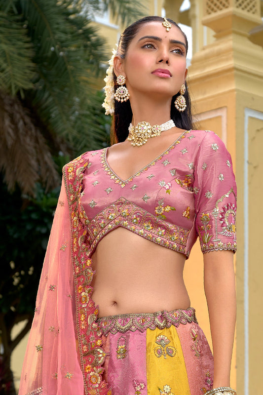 Pink And Yellow Unstitched Embroidered Silk Lehenga-SAR11034_2_SareeButa.com