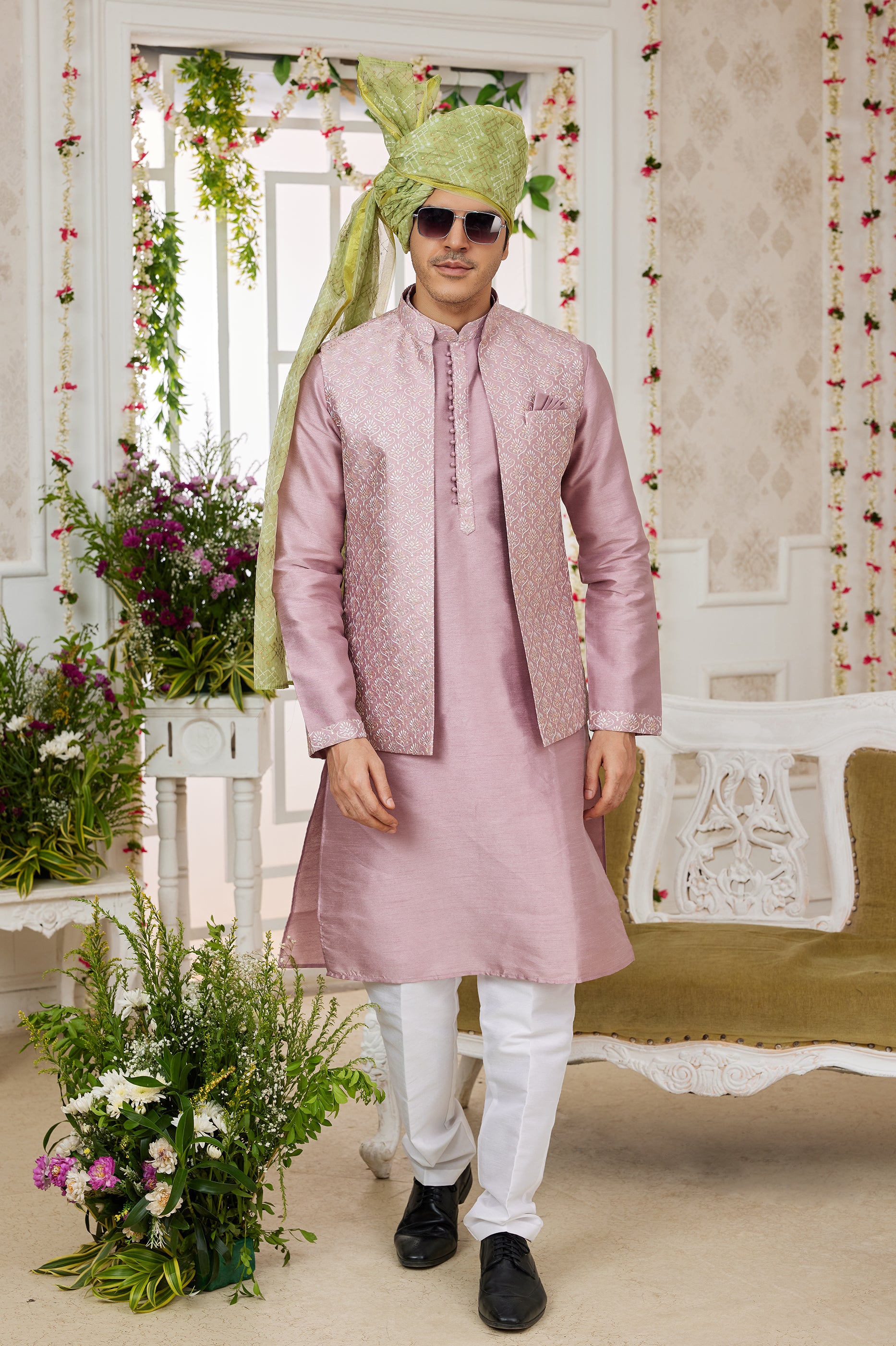 Pink Banarasi Silk Kurta Pajama With Jacket-SAR11406_1_SareeButa.com