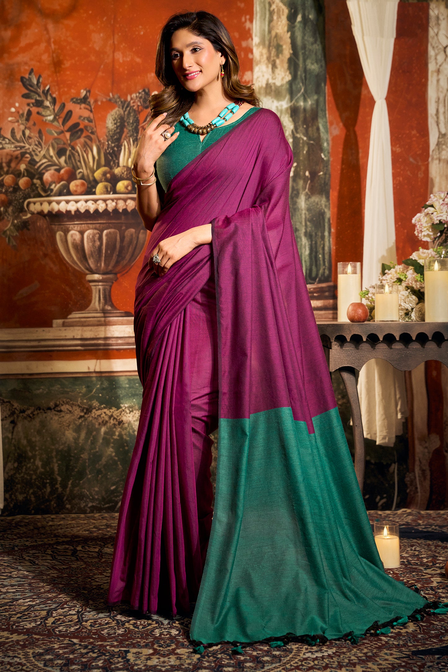Pink Cotton Saree with Color Block Pallu-SAR12721_1_SareeButa.com
