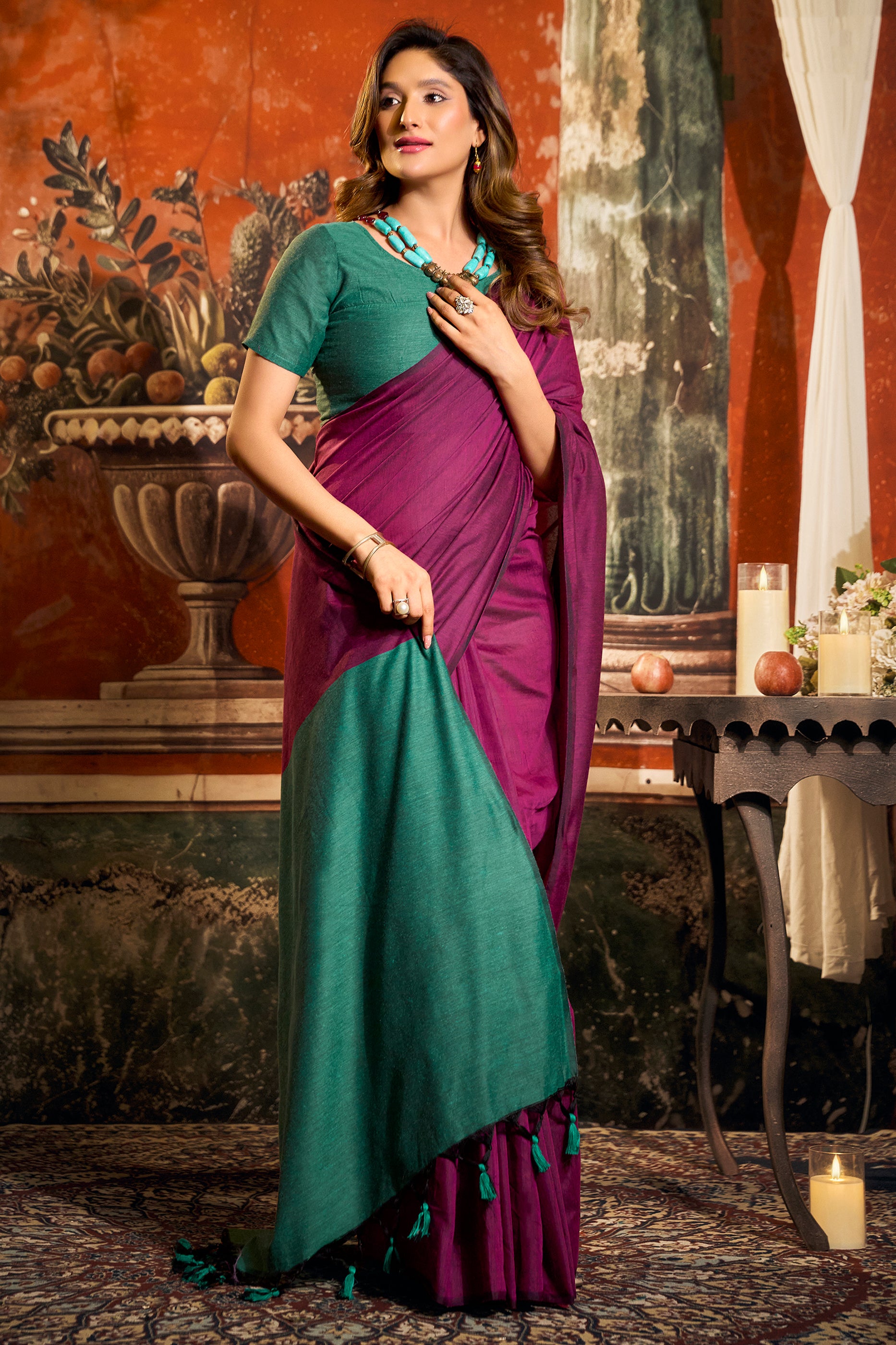 Pink Cotton Saree with Color Block Pallu-SAR12721_4_SareeButa.com