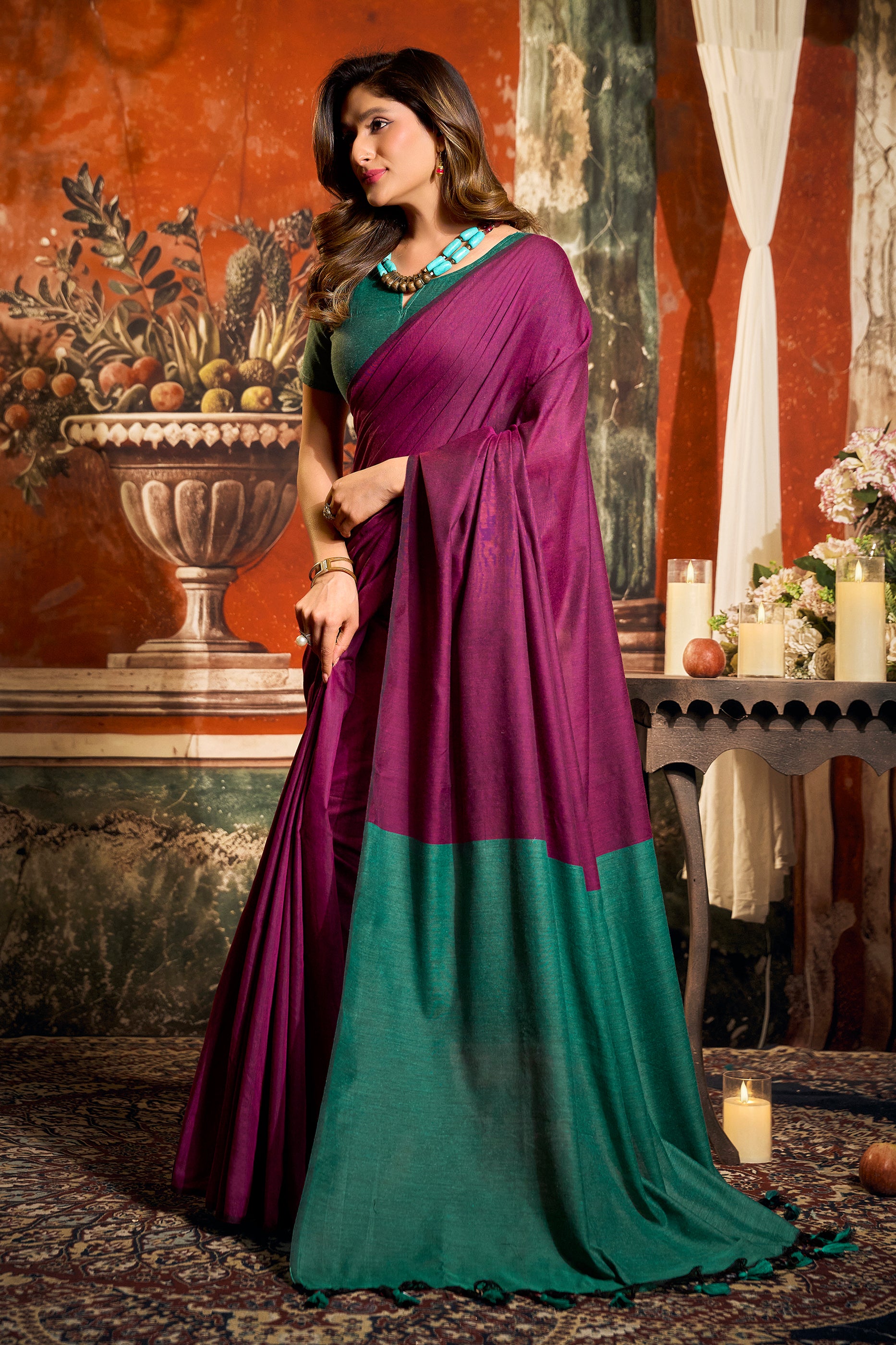 Pink Cotton Saree with Color Block Pallu-SAR12721_5_SareeButa.com