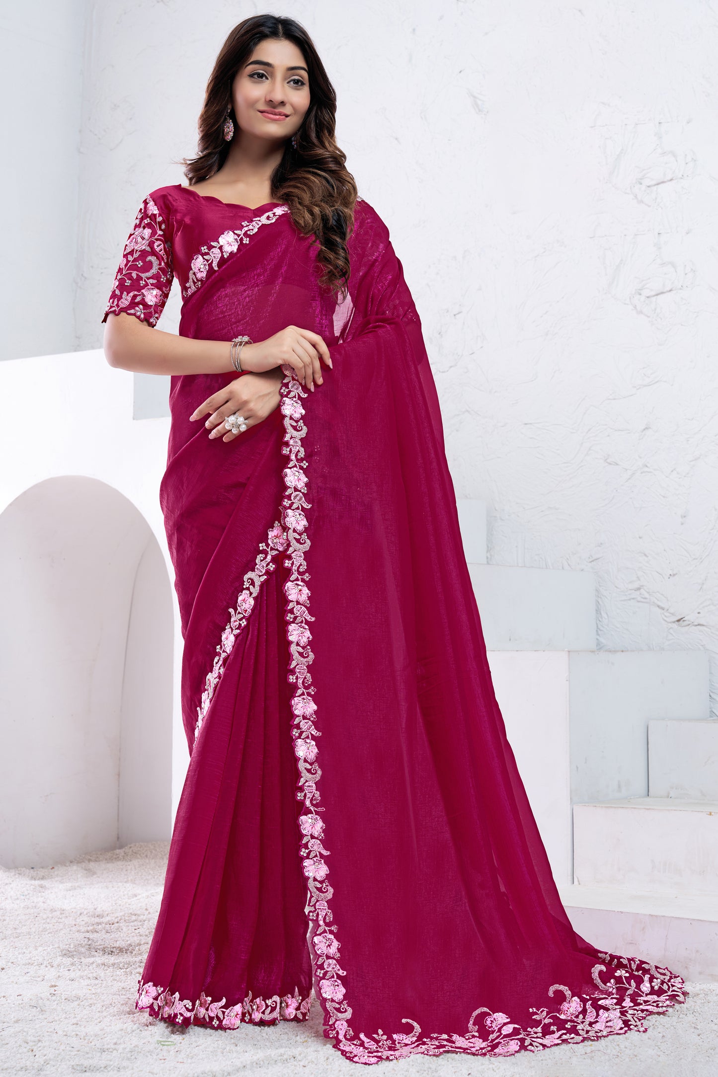 Pink Embroidered Crepe Silk Saree