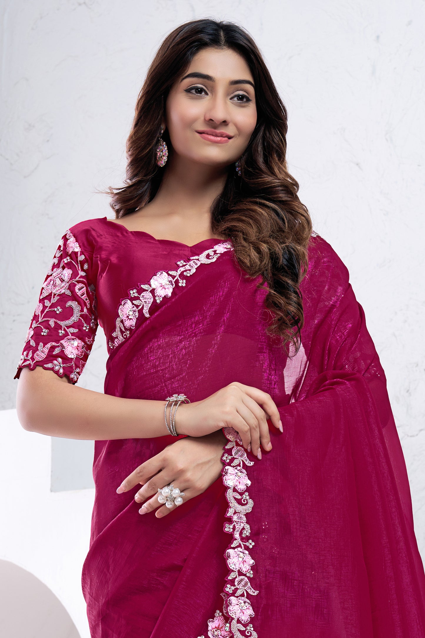 Pink Embroidered Crepe Silk Saree