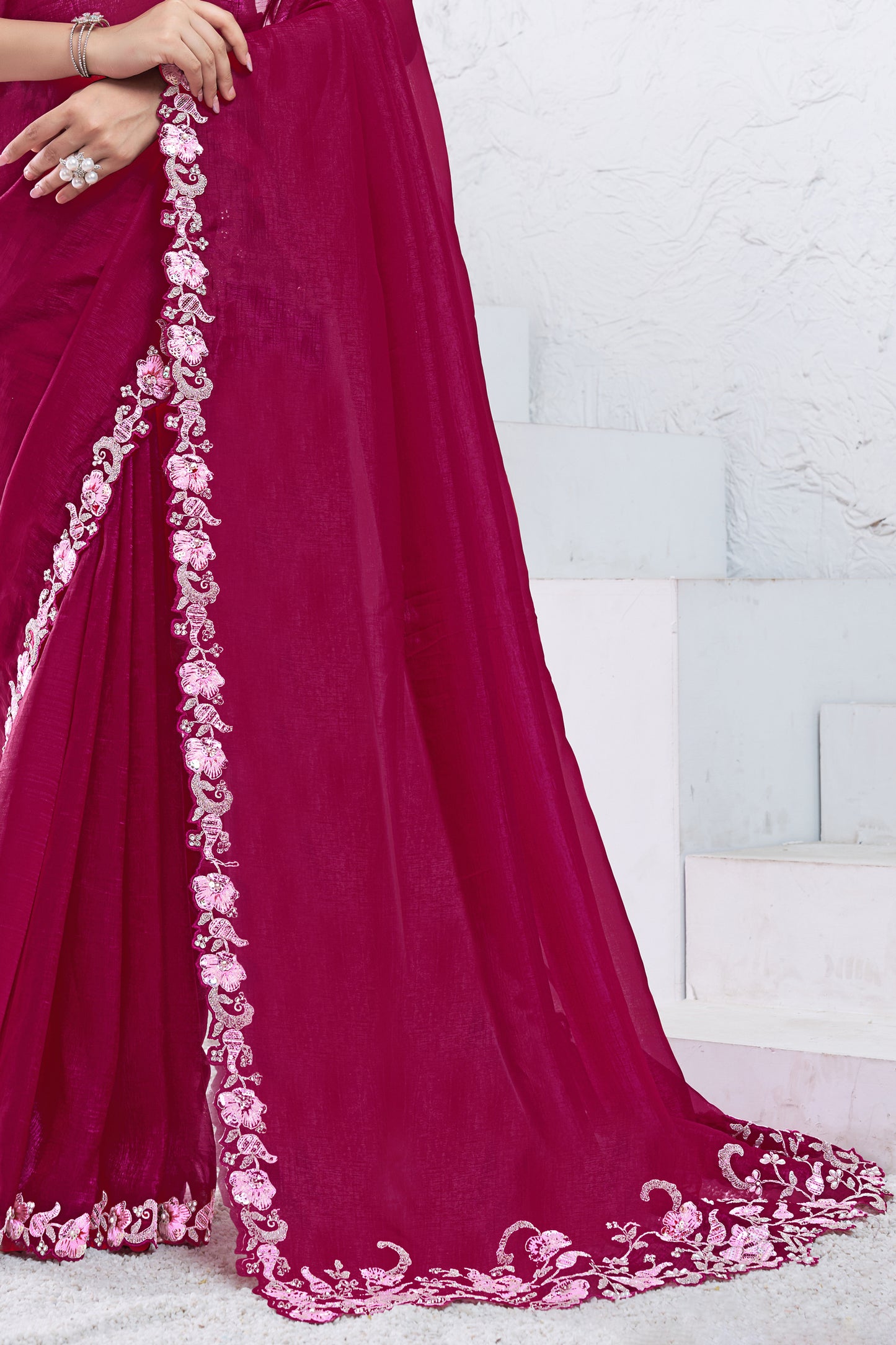 Pink Embroidered Crepe Silk Saree