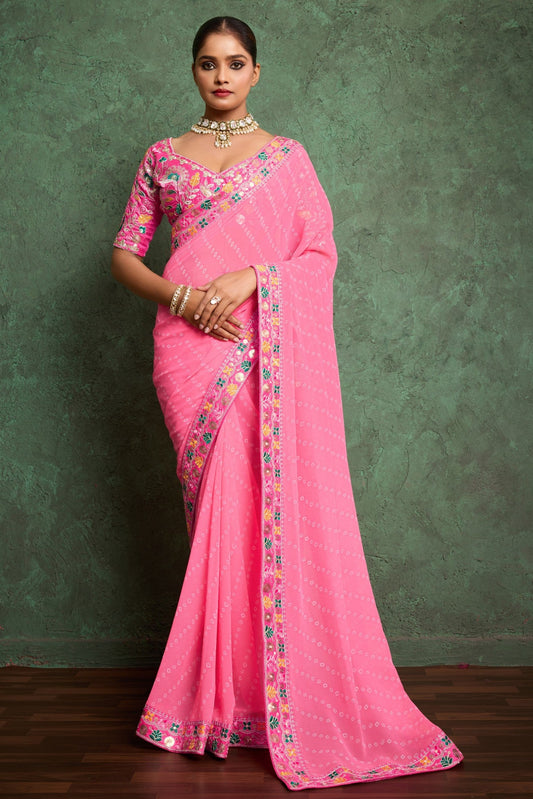 Pink Embroidered Georgette Bandhani Saree-ZB134794_1_SareeButa.com