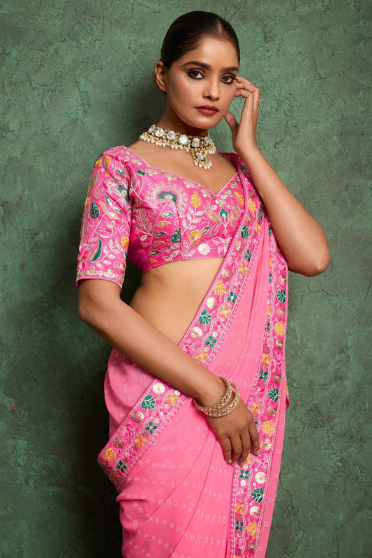 Pink Embroidered Georgette Bandhani Saree-ZB134794_2_SareeButa.com