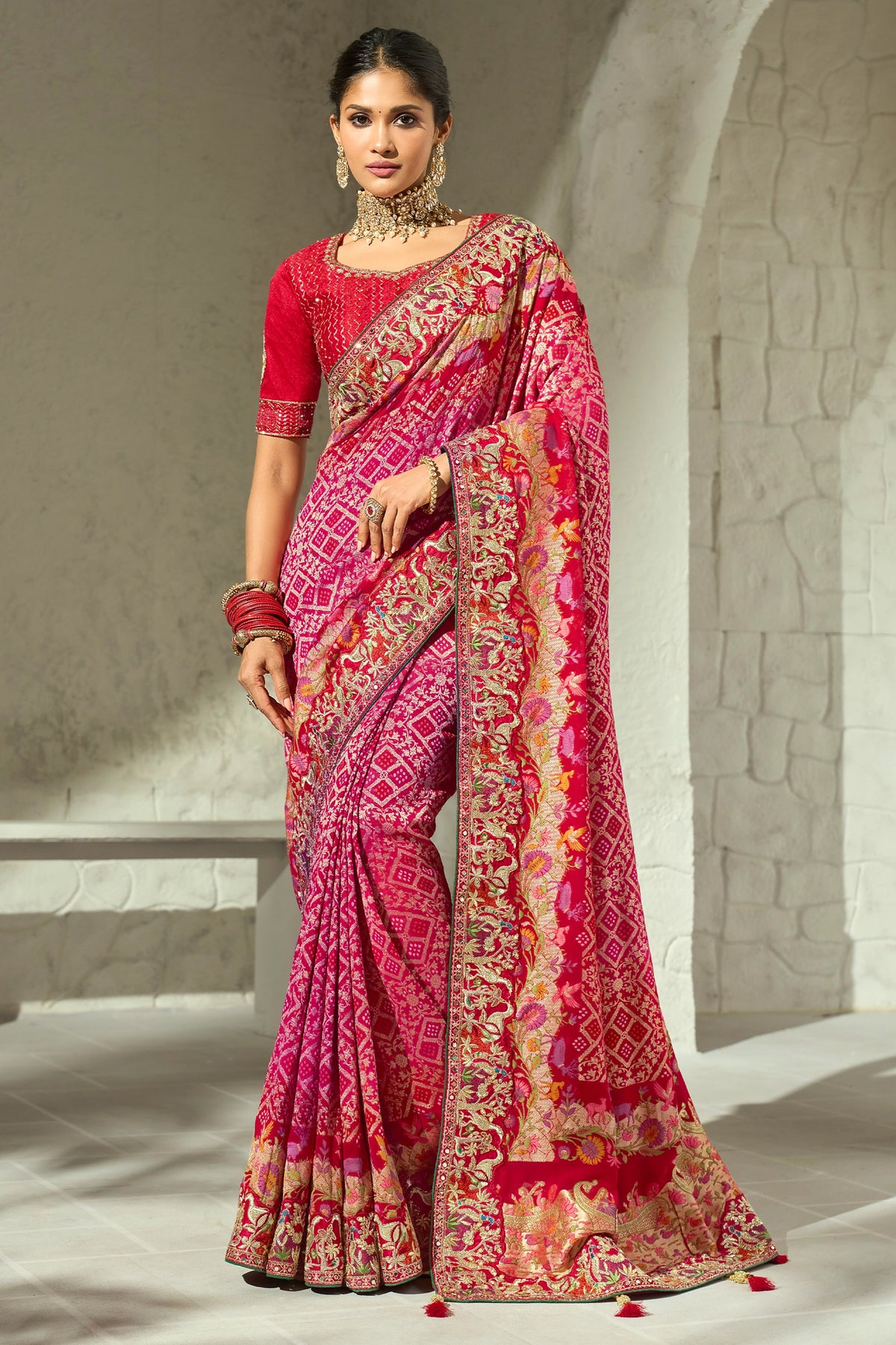 Pink Embroidered Georgette Bandhej Saree-SAR13391_1_SareeButa.com