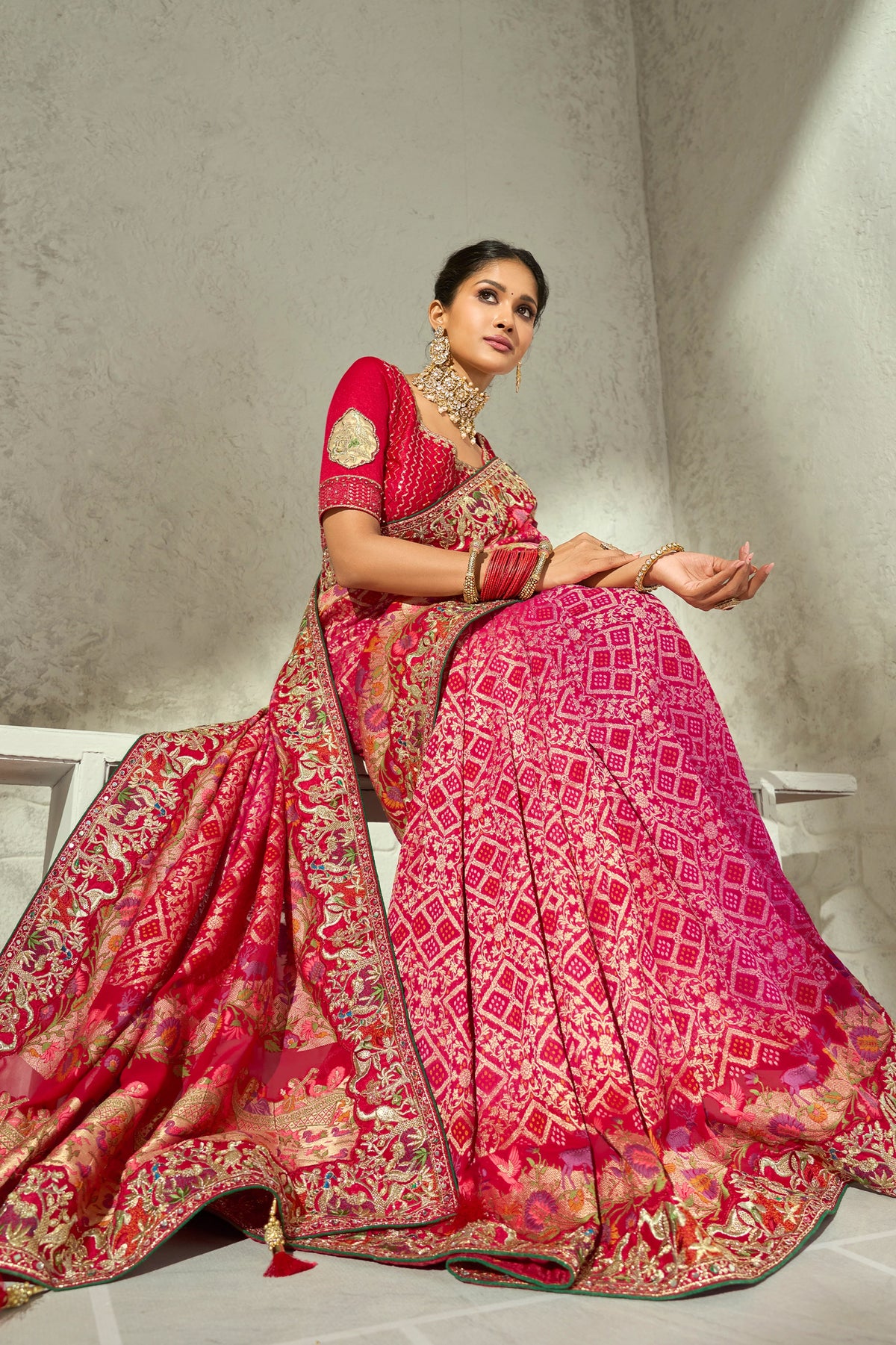 Pink Embroidered Georgette Bandhej Saree-SAR13391_3_SareeButa.com