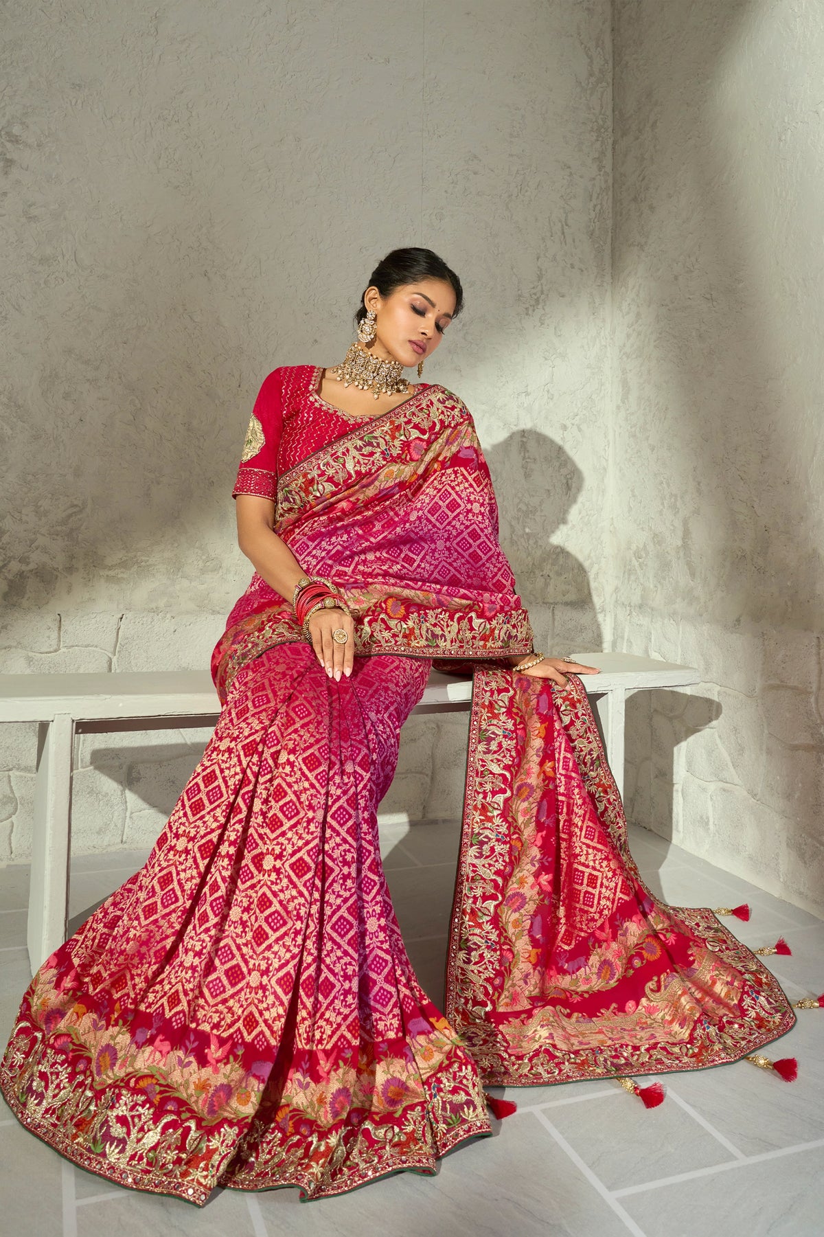 Pink Embroidered Georgette Bandhej Saree-SAR13391_4_SareeButa.com