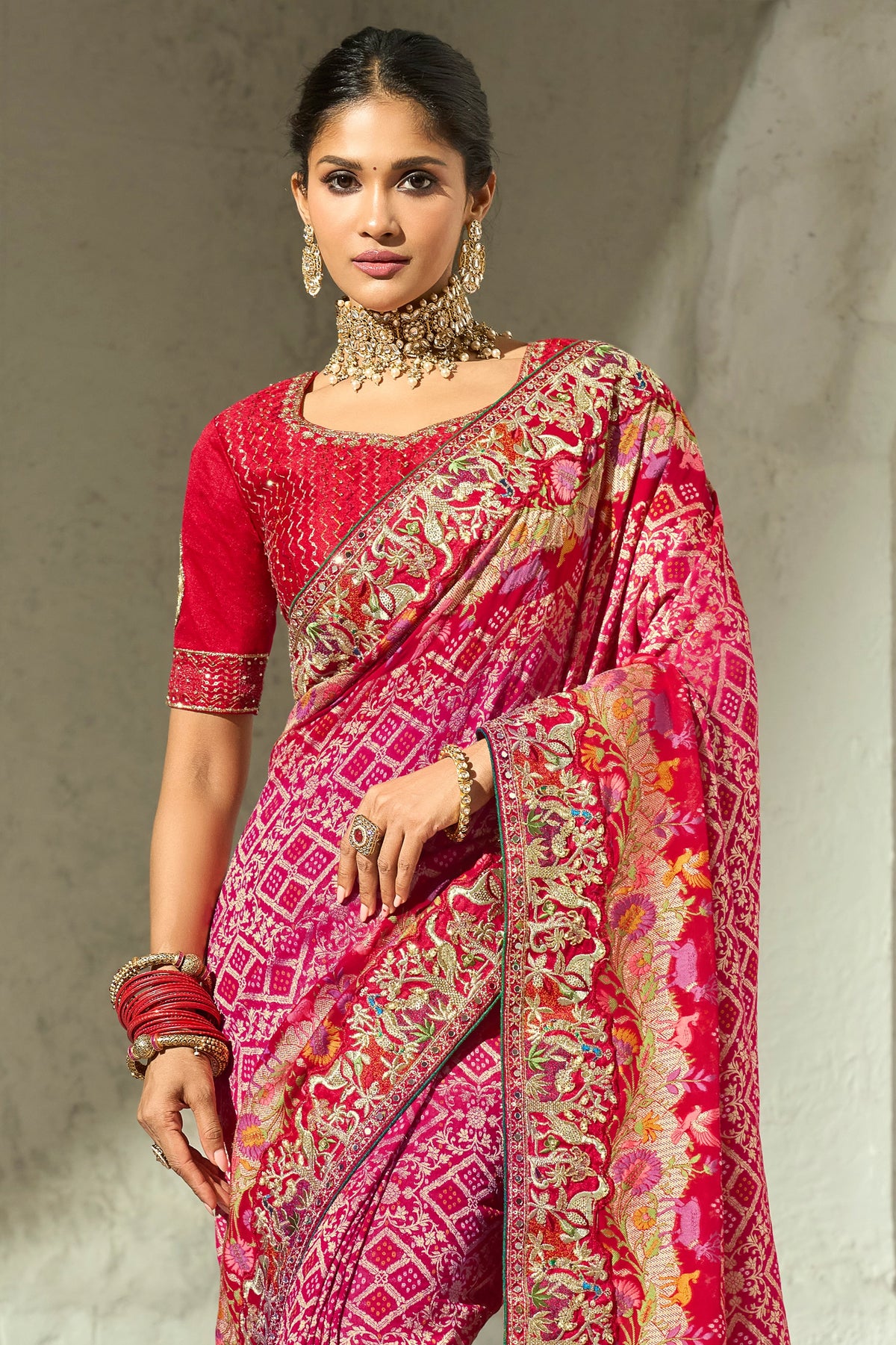 Pink Embroidered Georgette Bandhej Saree-SAR13391_5_SareeButa.com