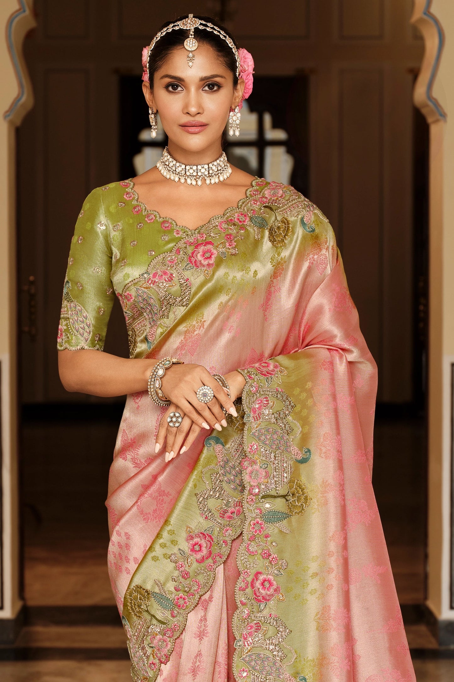 Pink Embroidered Jacquard Viscose Silk Saree-SAR10362_3_SareeButa.com