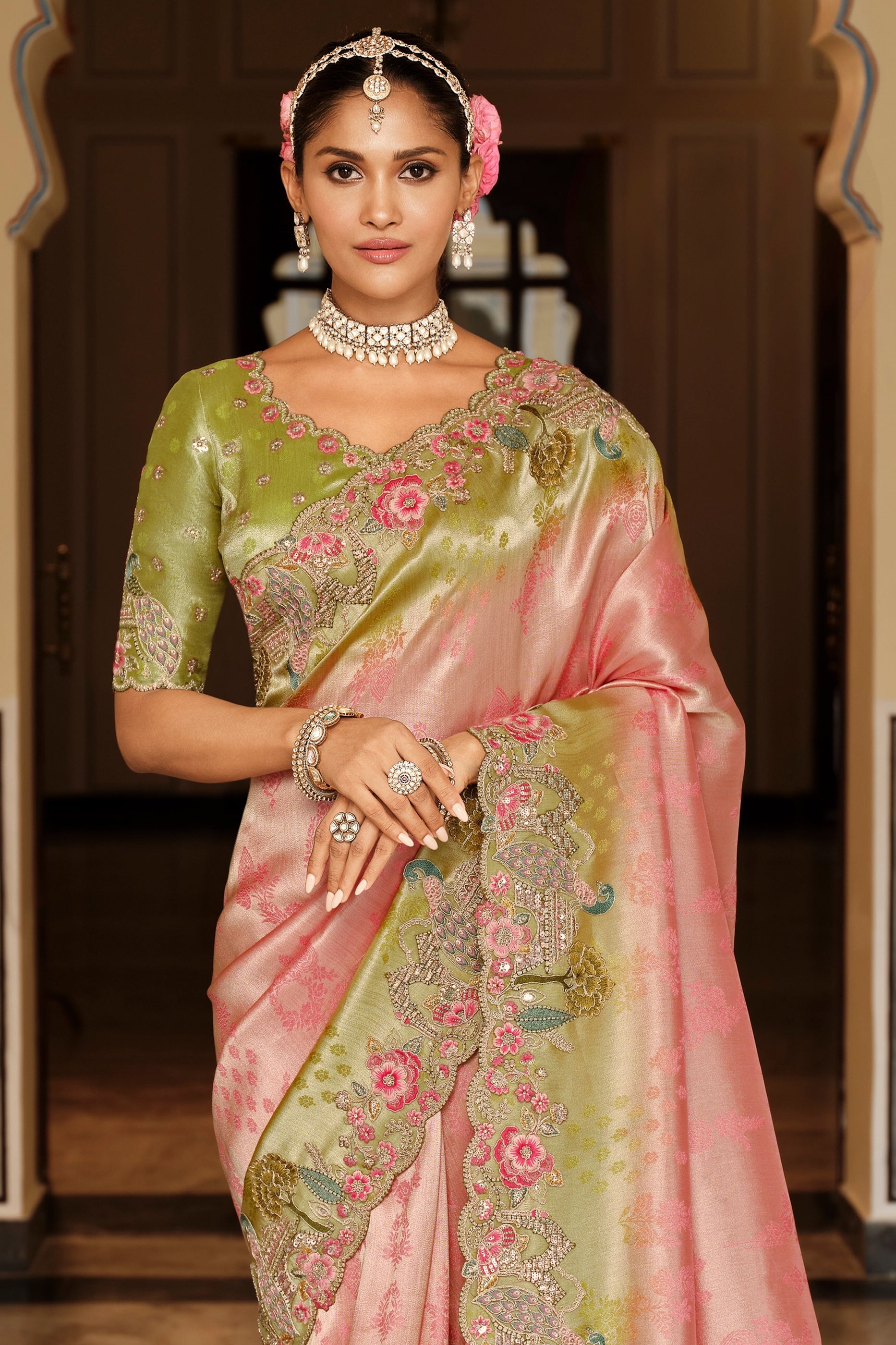 Pink Embroidered Jacquard Viscose Silk Saree-SAR10362_3_SareeButa.com