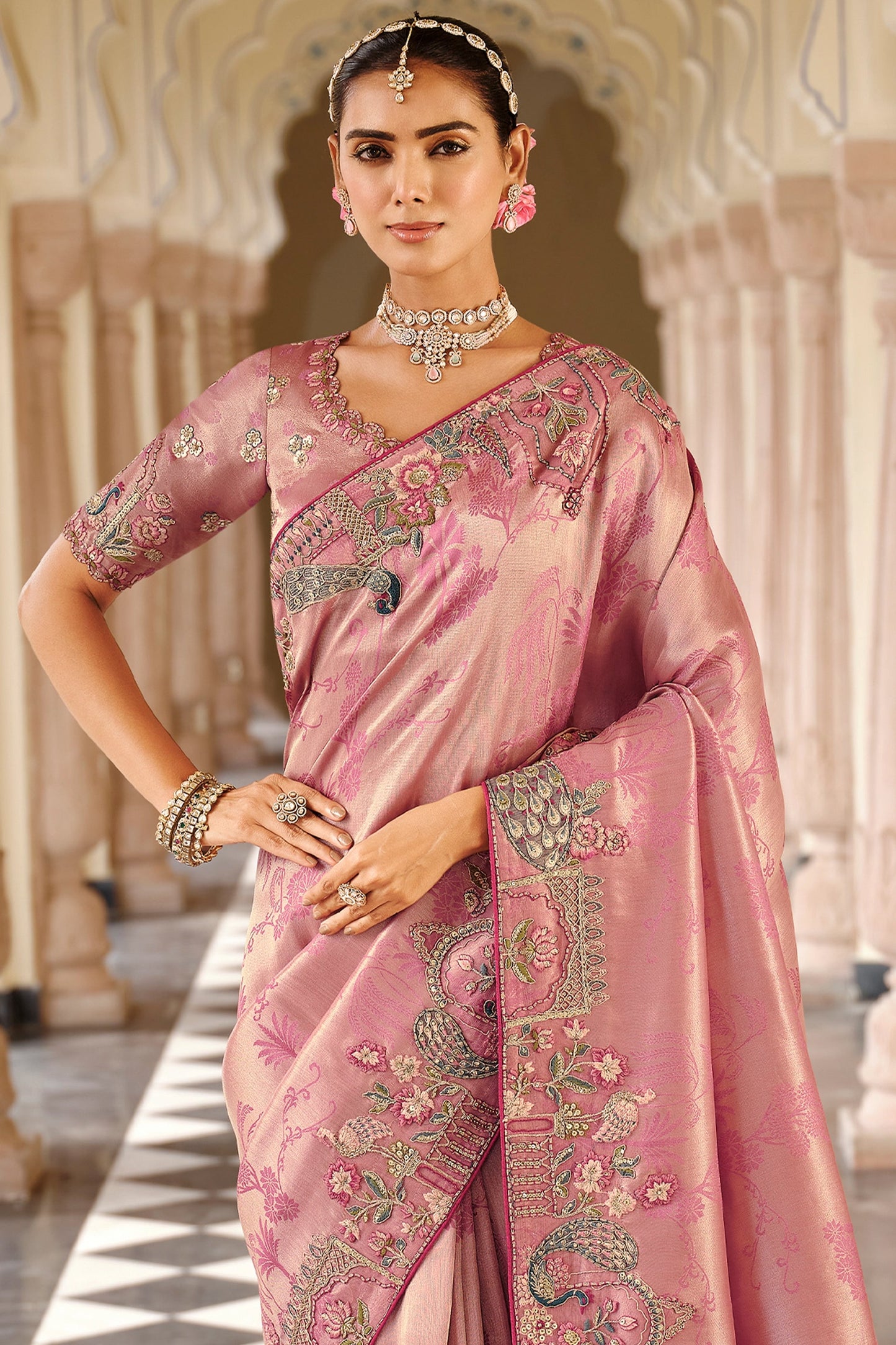 Pink Embroidered Jacquard Viscose Silk Saree-SAR10368_3_SareeButa.com