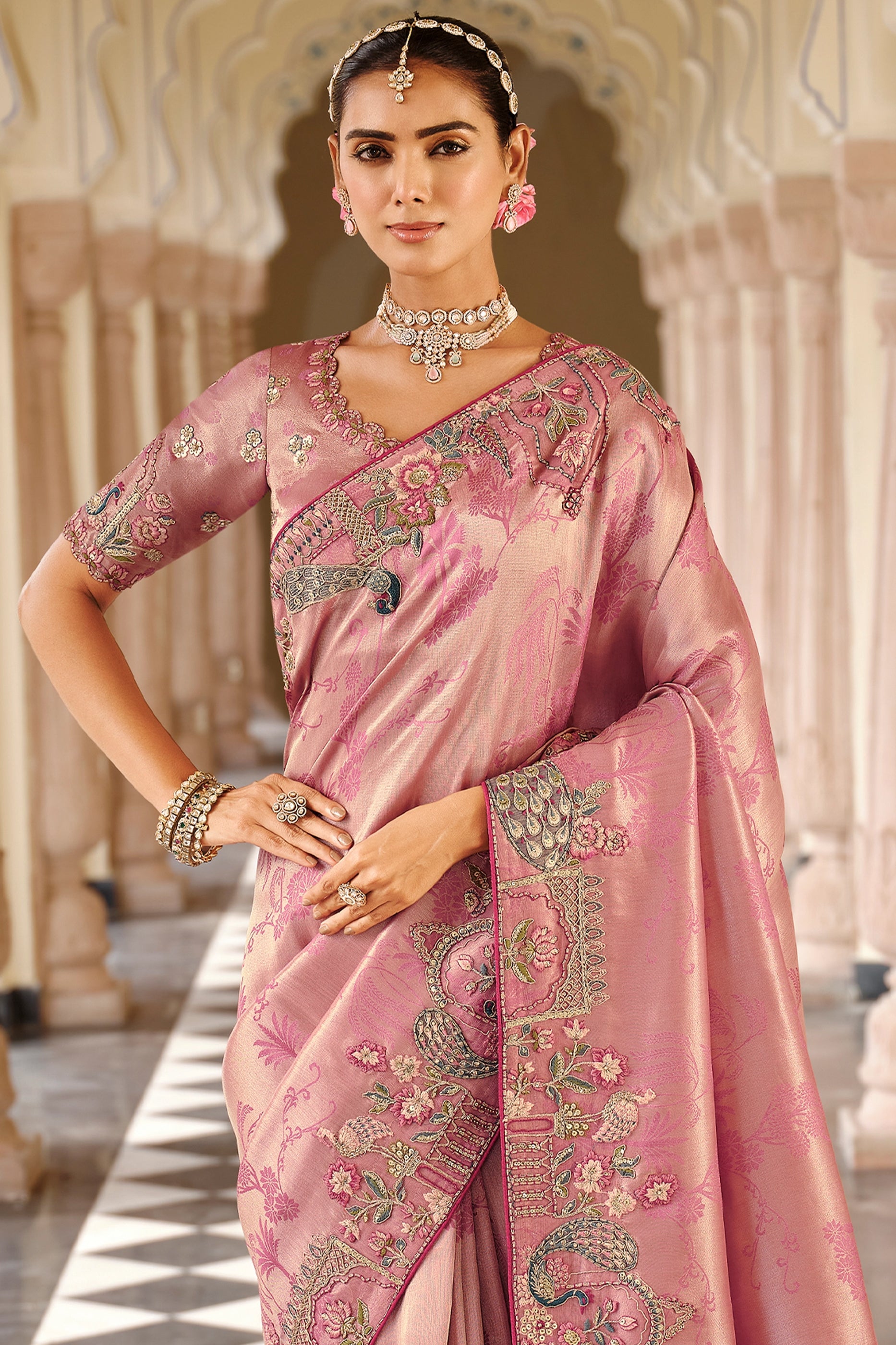 Pink Embroidered Jacquard Viscose Silk Saree-SAR10368_3_SareeButa.com