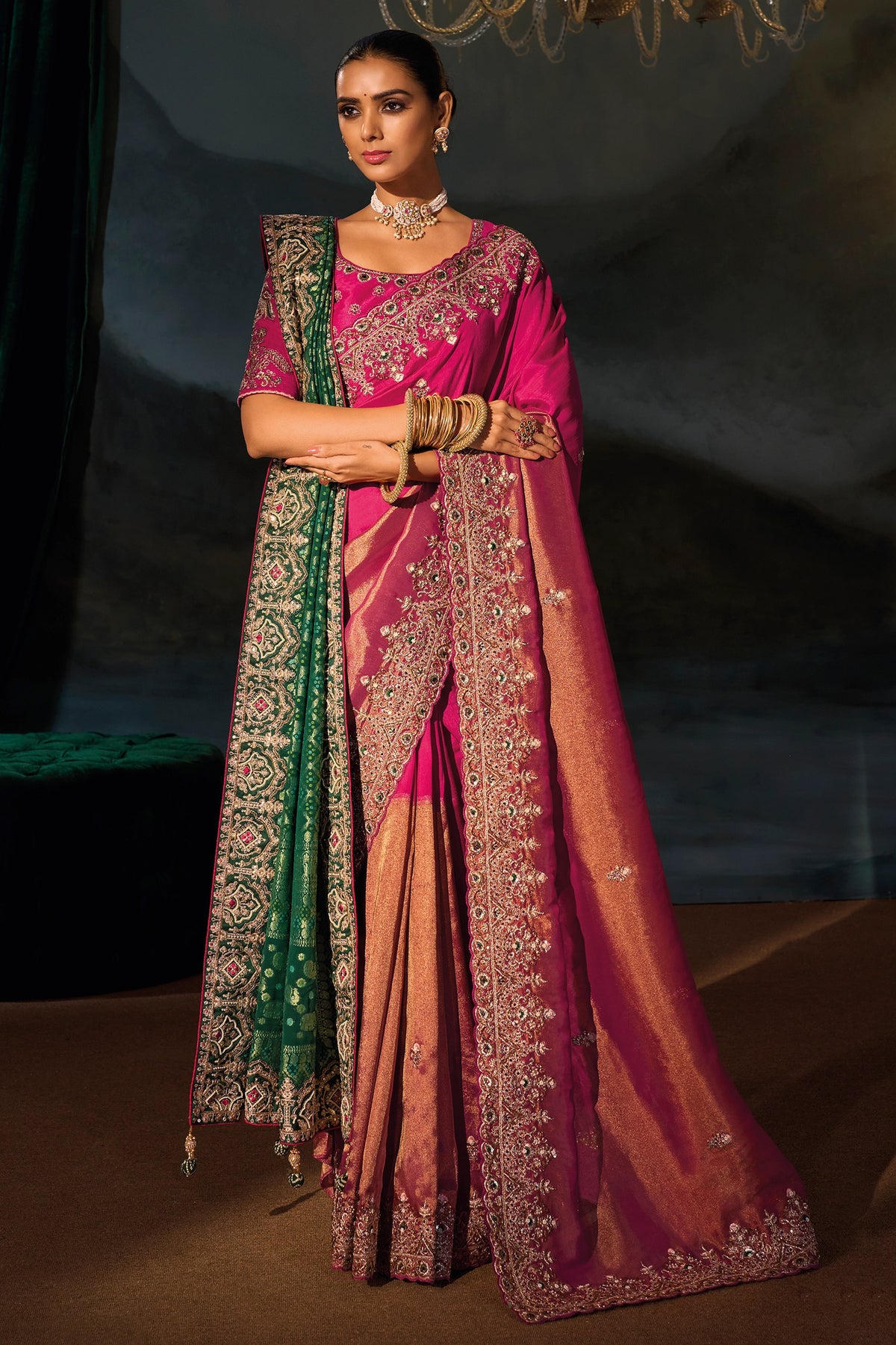 Pink Embroidered Kanjivaram Silk Saree With Dupatta-SAR13262_1_SareeButa.com