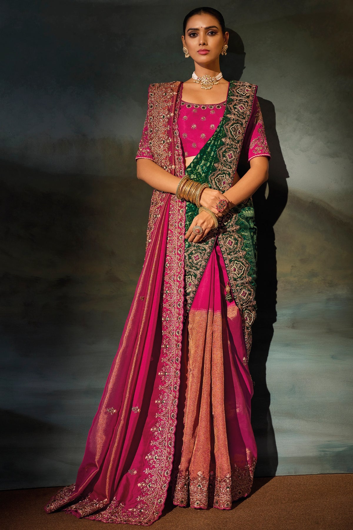 Pink Embroidered Kanjivaram Silk Saree With Dupatta-SAR13262_3_SareeButa.com