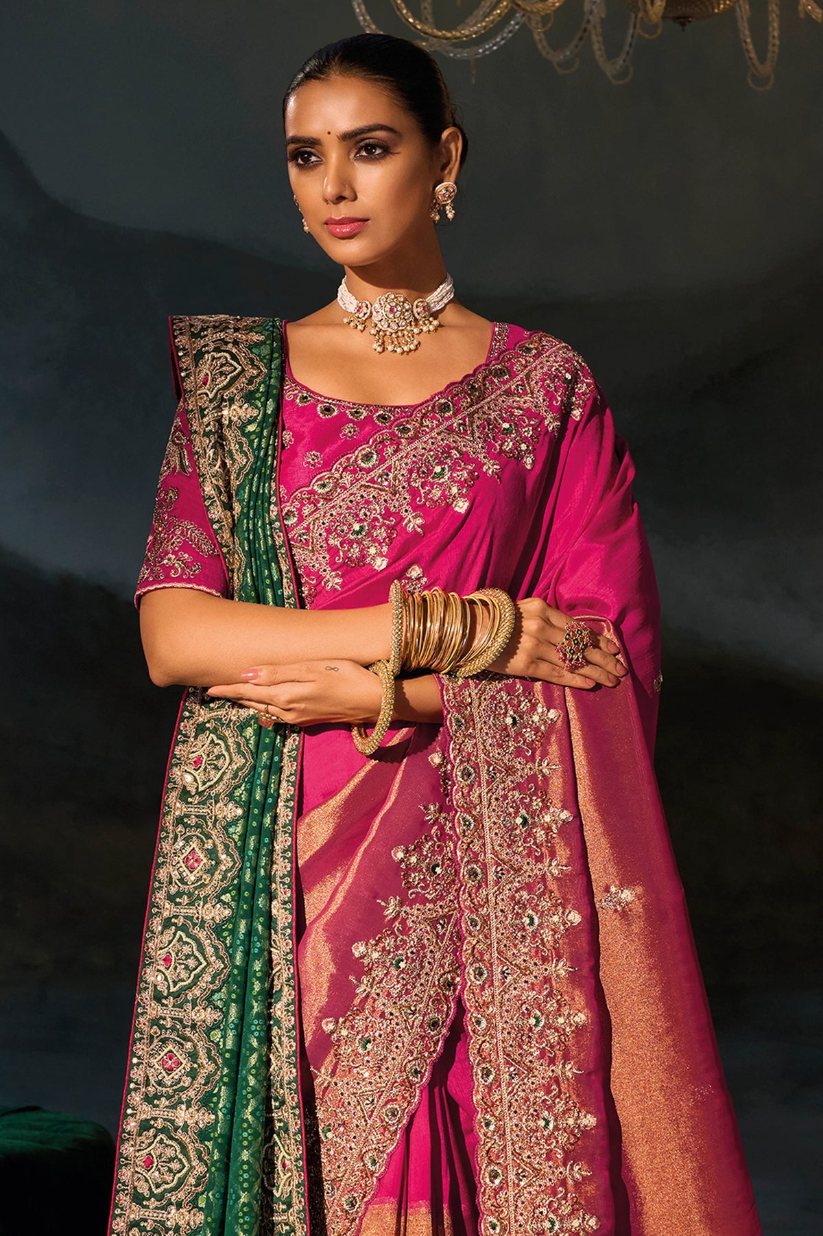 Pink Embroidered Kanjivaram Silk Saree With Dupatta-SAR13262_4_SareeButa.com