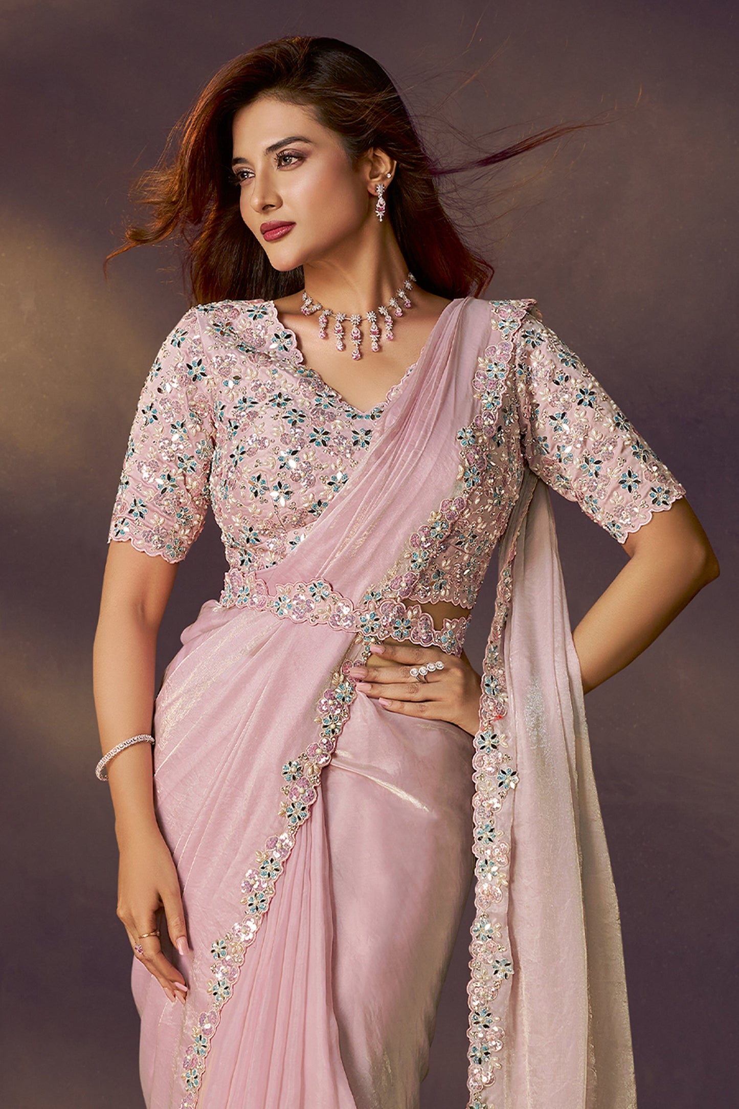 Pink Embroidered Satin Readymade Saree with Stitched Blouse-SAR10853_3_SareeButa.com