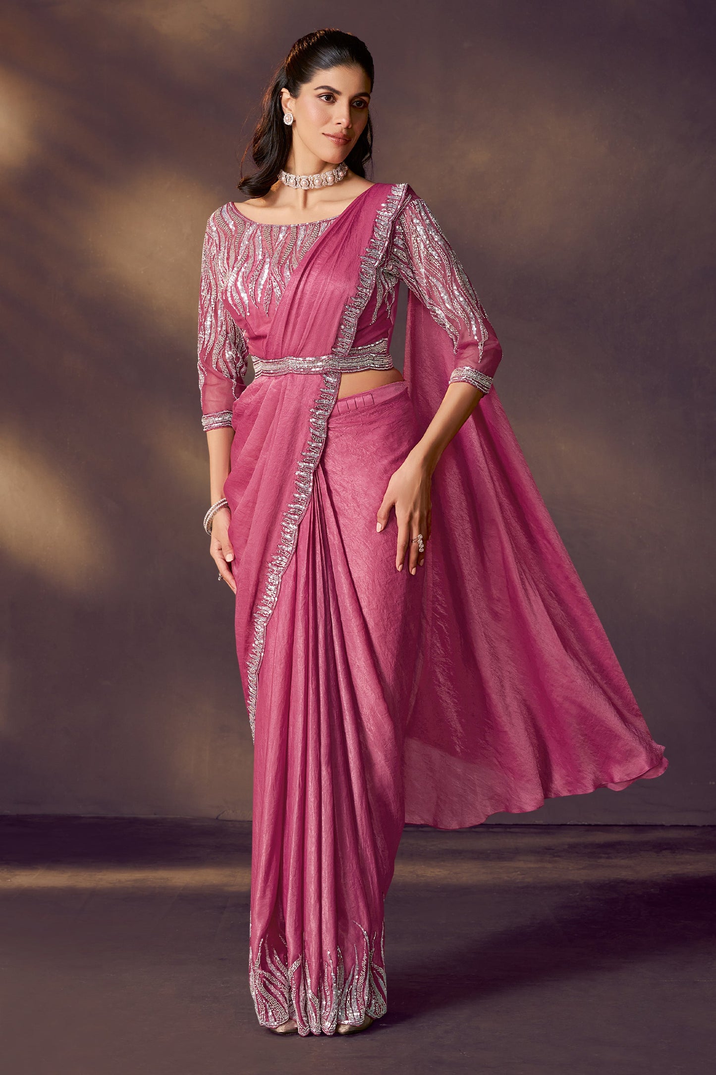 Pink Embroidered Satin Readymade Saree with Stitched Blouse-SAR10854_1_SareeButa.com