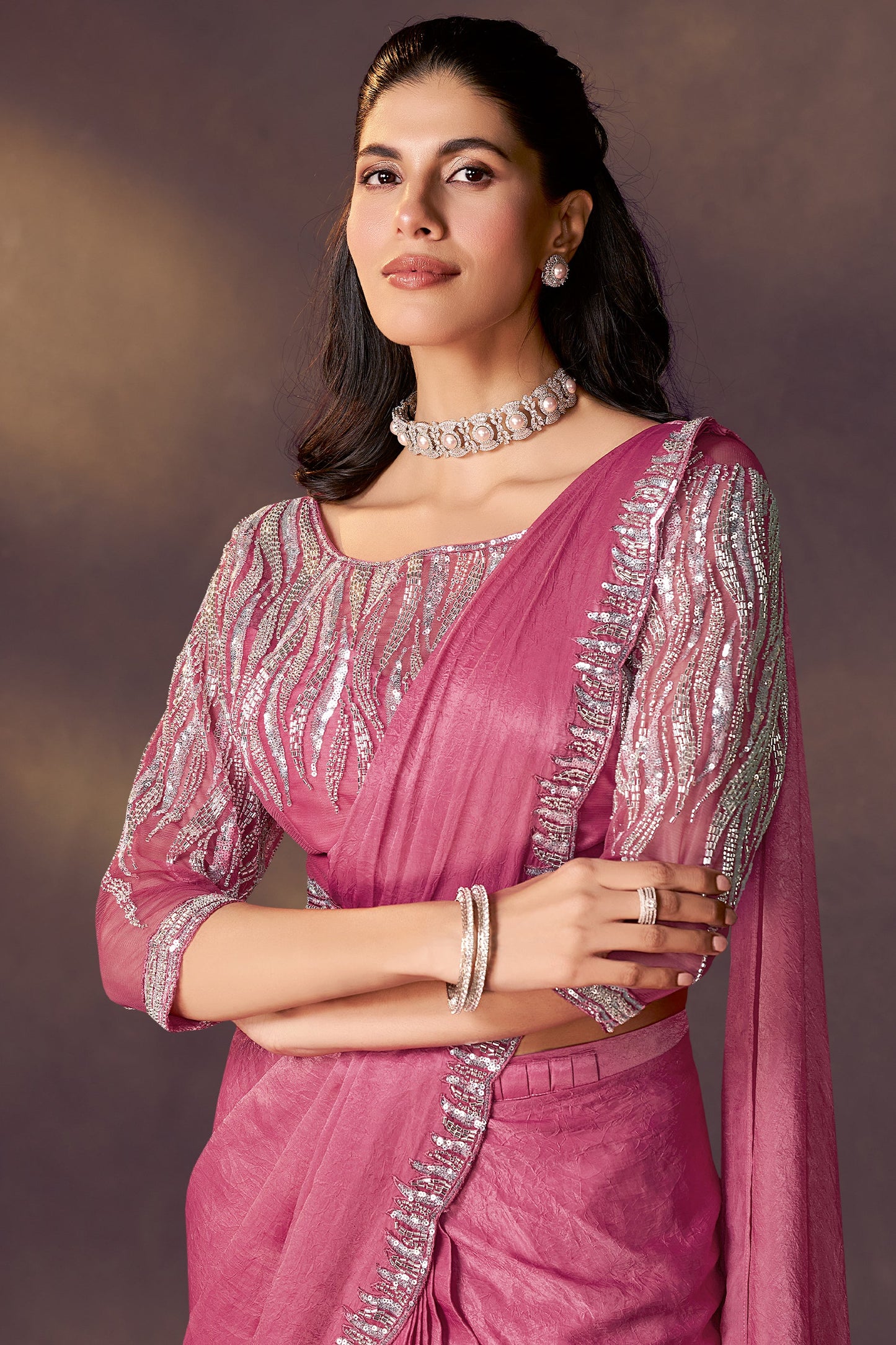 Pink Embroidered Satin Readymade Saree with Stitched Blouse-SAR10854_2_SareeButa.com
