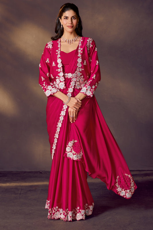 Pink Embroidered Satin Readymade Saree with Stitched Blouse-SAR10860_1_SareeButa.com