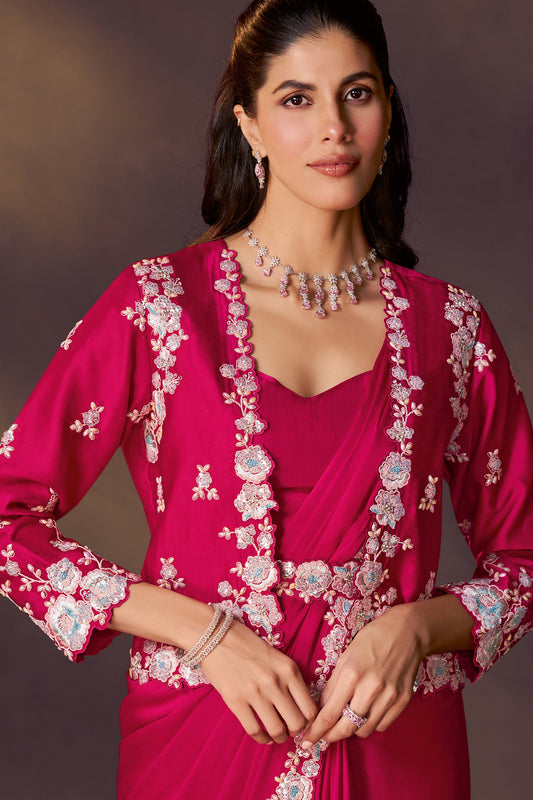 Pink Embroidered Satin Readymade Saree with Stitched Blouse-SAR10860_2_SareeButa.com